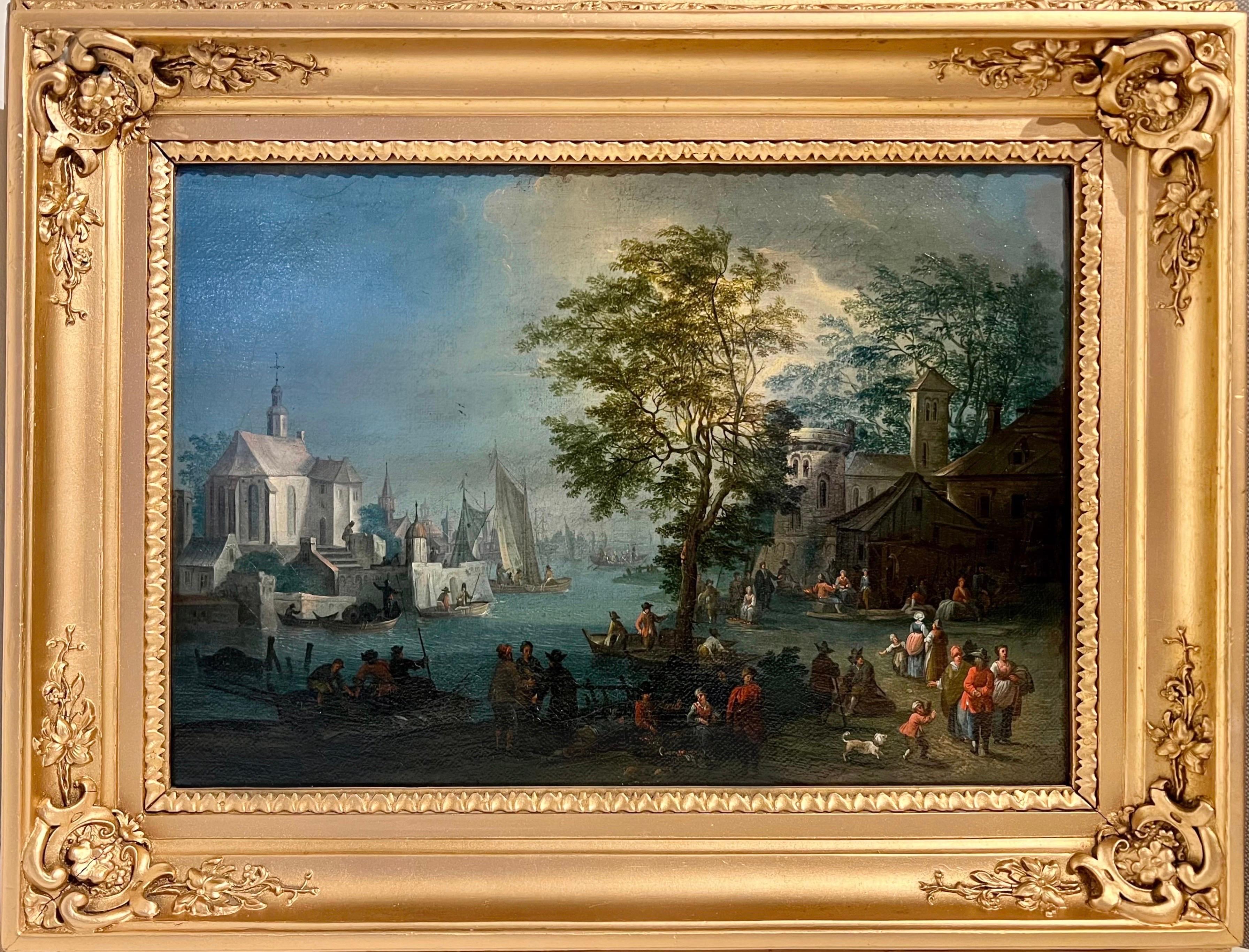 Landscape Painting de Mathys Schoevaerdts - Animado paisaje portuario del siglo XVII con pescadores, visitantes y comerciantes