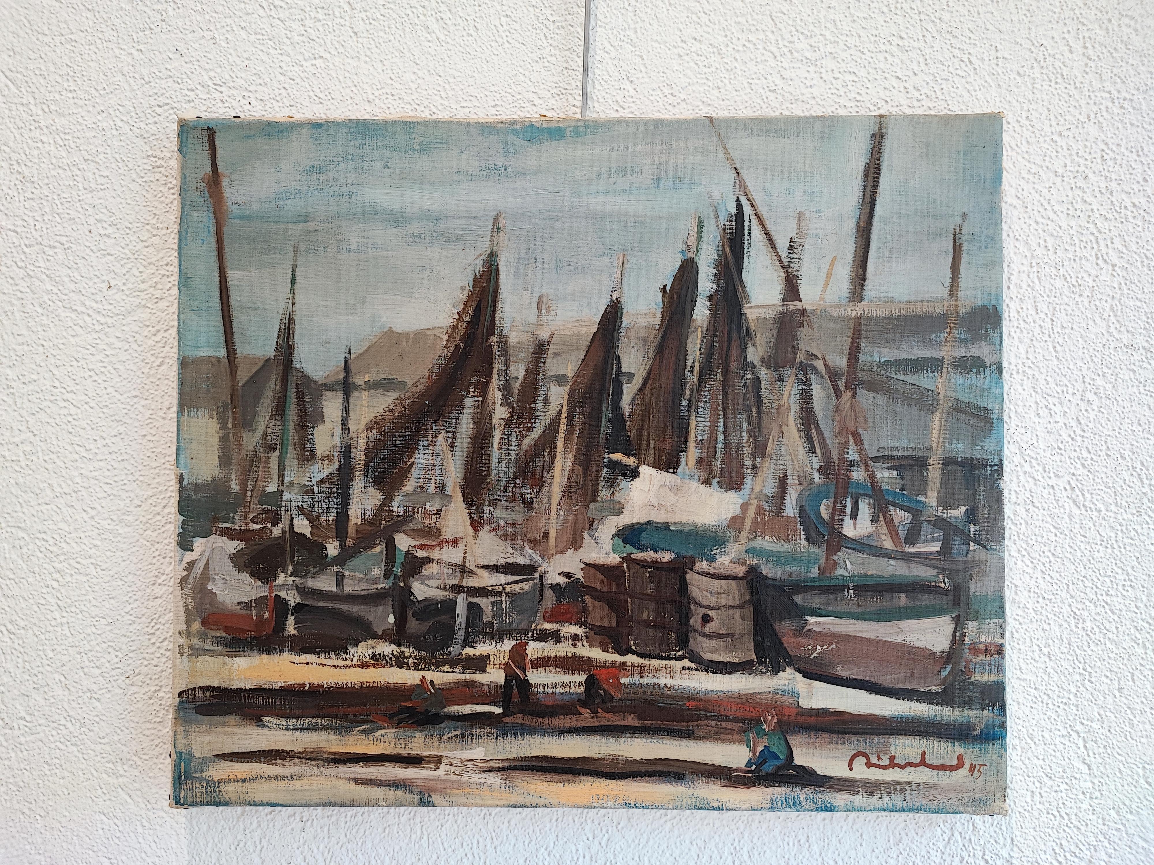 Un piccolo porto affollato - Painting di Unknown