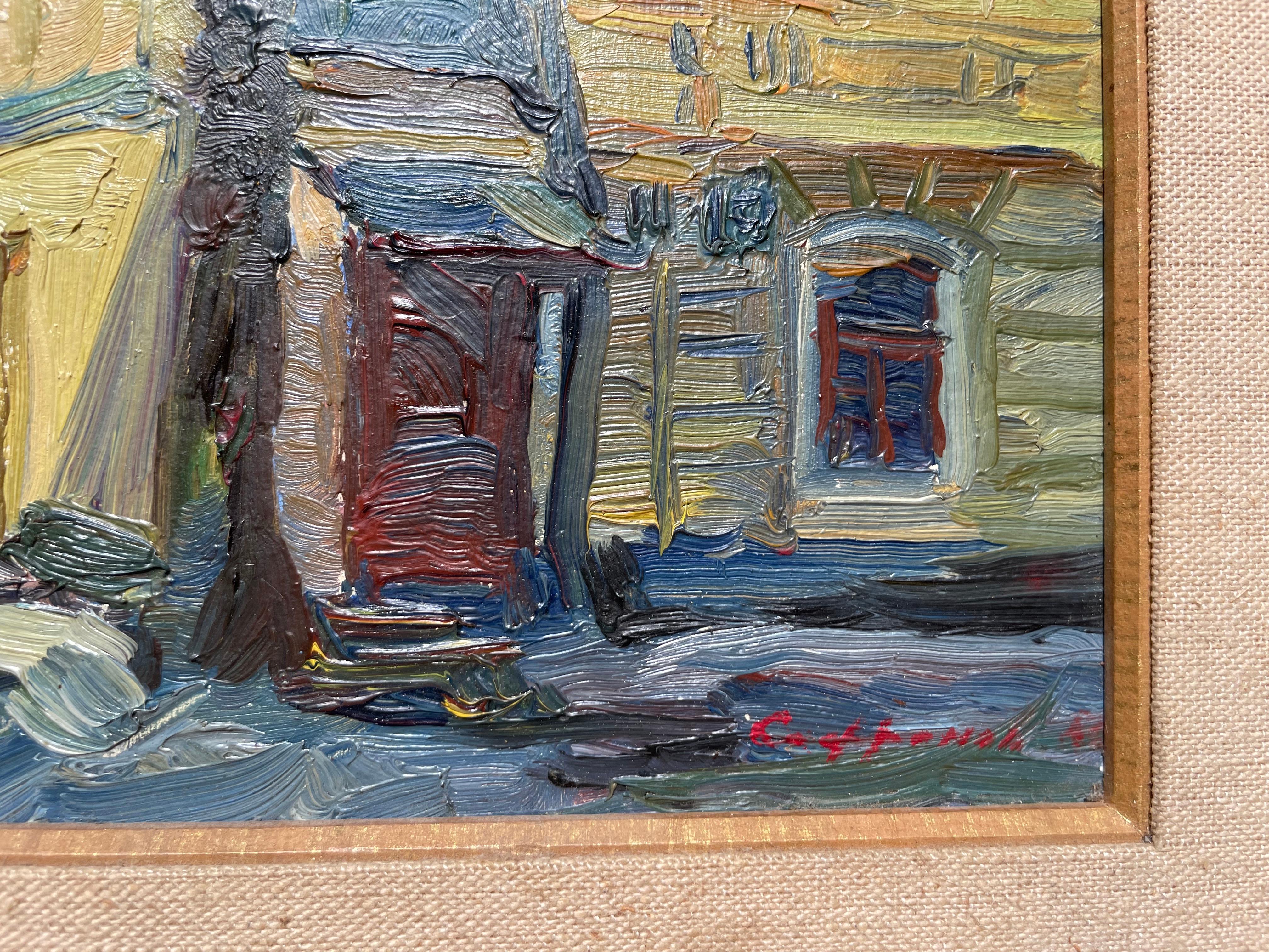 Strada trafficata.  
Olio su tavola rigida, firma da identificare in basso a destra.  
Scuola orientale?  
Piccole perdite di vernice.  
Pittura (visibile): 22 x 30 cm  
Telaio: 29,5 x 38 cm