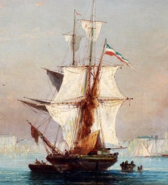 Busy Venetian Harbor Scene Italian Seascape Oil Painting