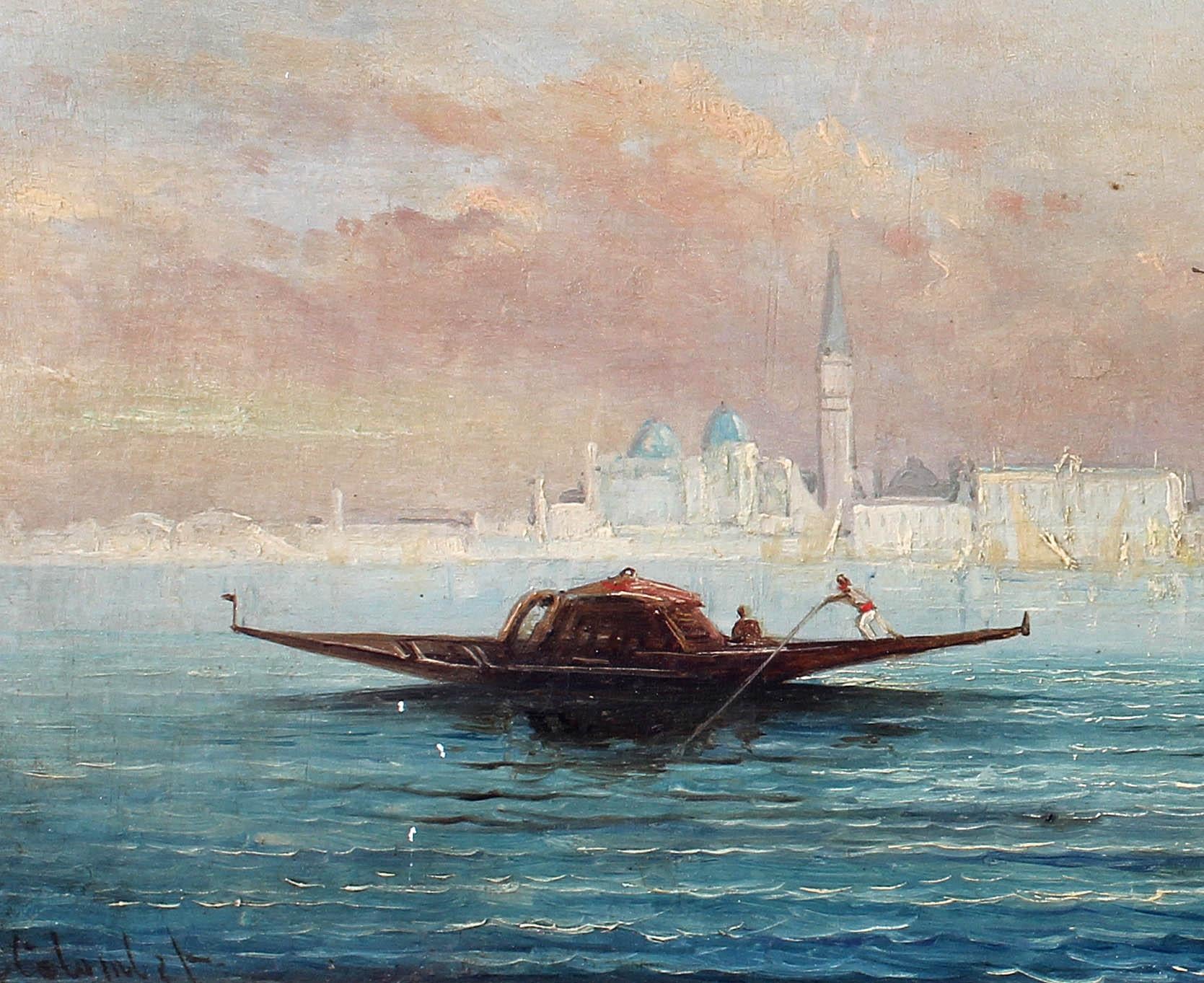 Busy Venetian Harbor Scene Italian Seascape Oil Painting - Gray Landscape Painting by Unknown