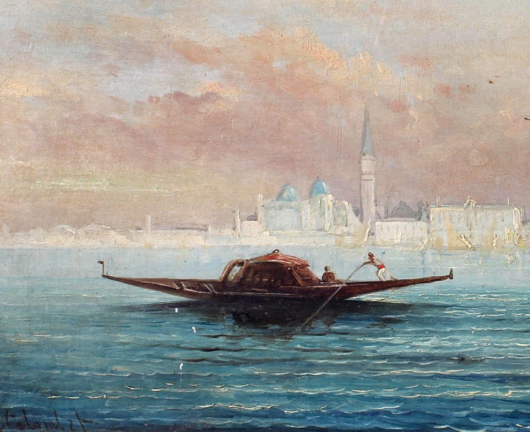 Venetian harbor scene with St Marks in the background oil on oak panel. Exceptional quality. Signed illegibly lower left. From an old Philadelphia collection.