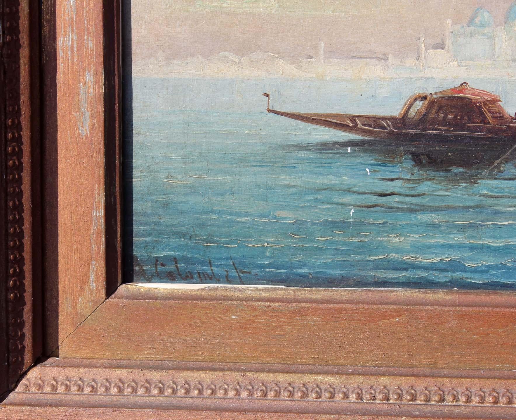 Venezianische Hafenszene mit St. Marks im Hintergrund Öl auf Eichenholzplatte. Außergewöhnliche Qualität. Unleserlich signiert unten links. Aus einer alten Sammlung in Philadelphia.