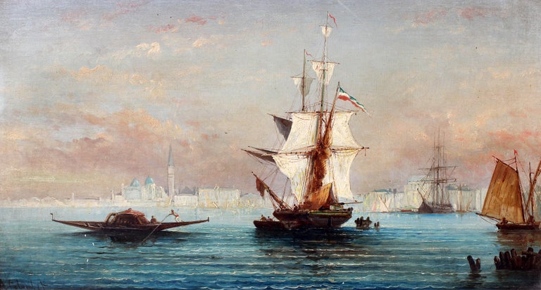 Unknown Landscape Painting - Busy Venetian Harbor Scene Italian Seascape Oil Painting