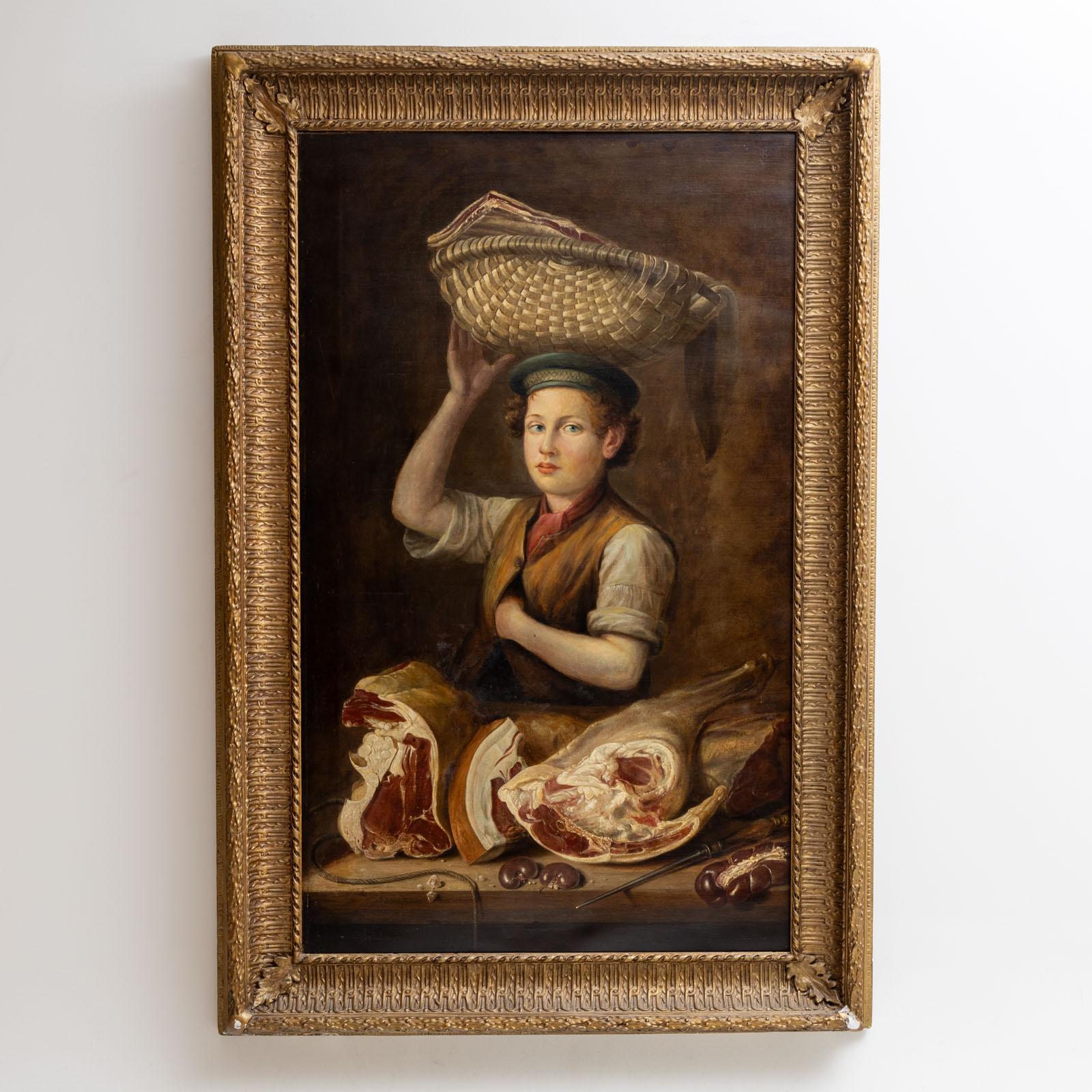 Depiction of a butcher's apprentice against an undefined brown background. He is balancing a large wicker basket filled with ham on his head. He wears a cap with a red tie, brown vest and white shirt. His left hand, doing the hand-in-waistcoat