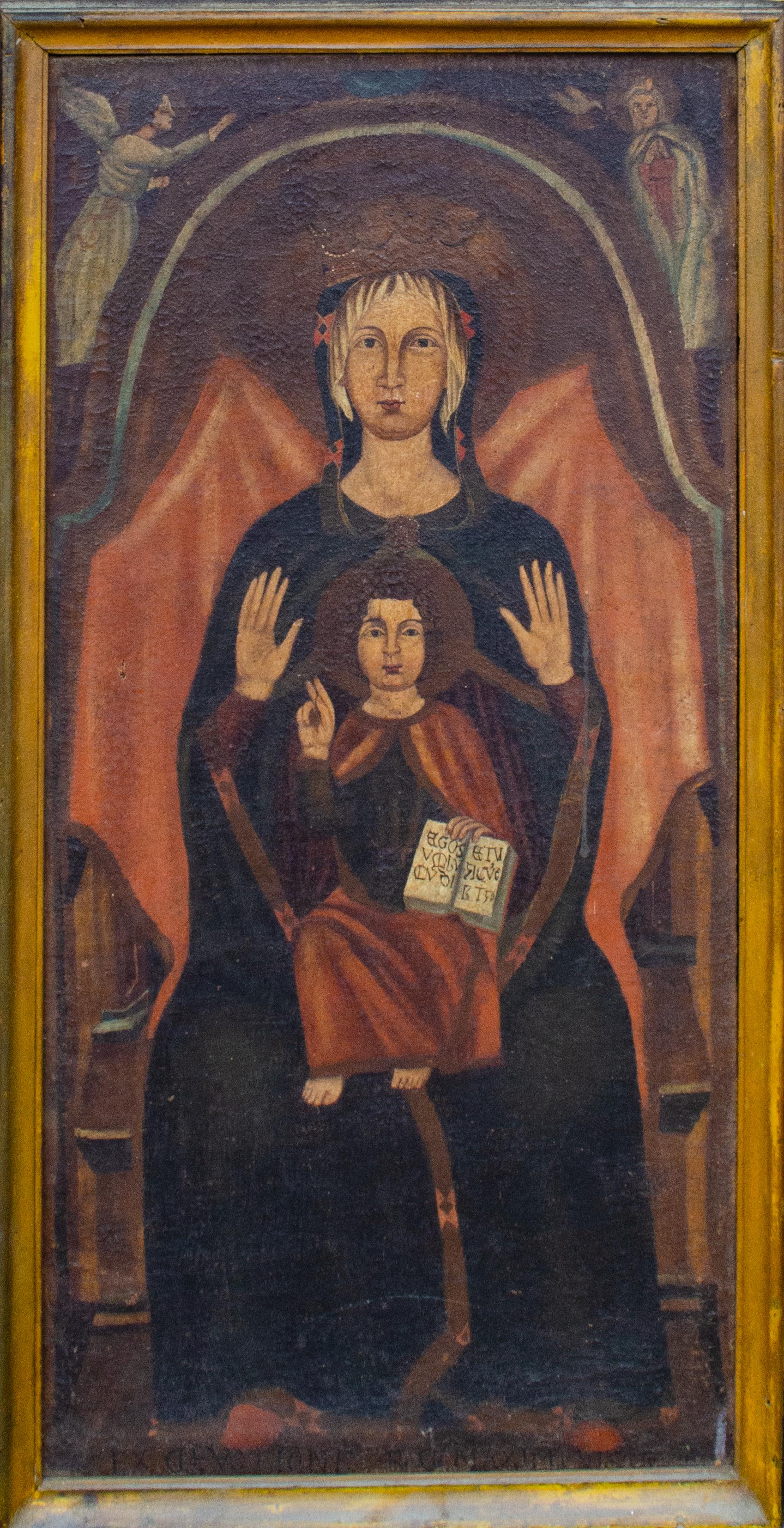 Unknown Figurative Painting - c. 1900 Catholic Painting of Madonna and Child Enthroned 