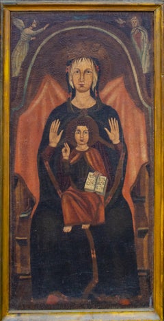 c. 1900 Catholic Painting of Madonna and Child Enthroned 