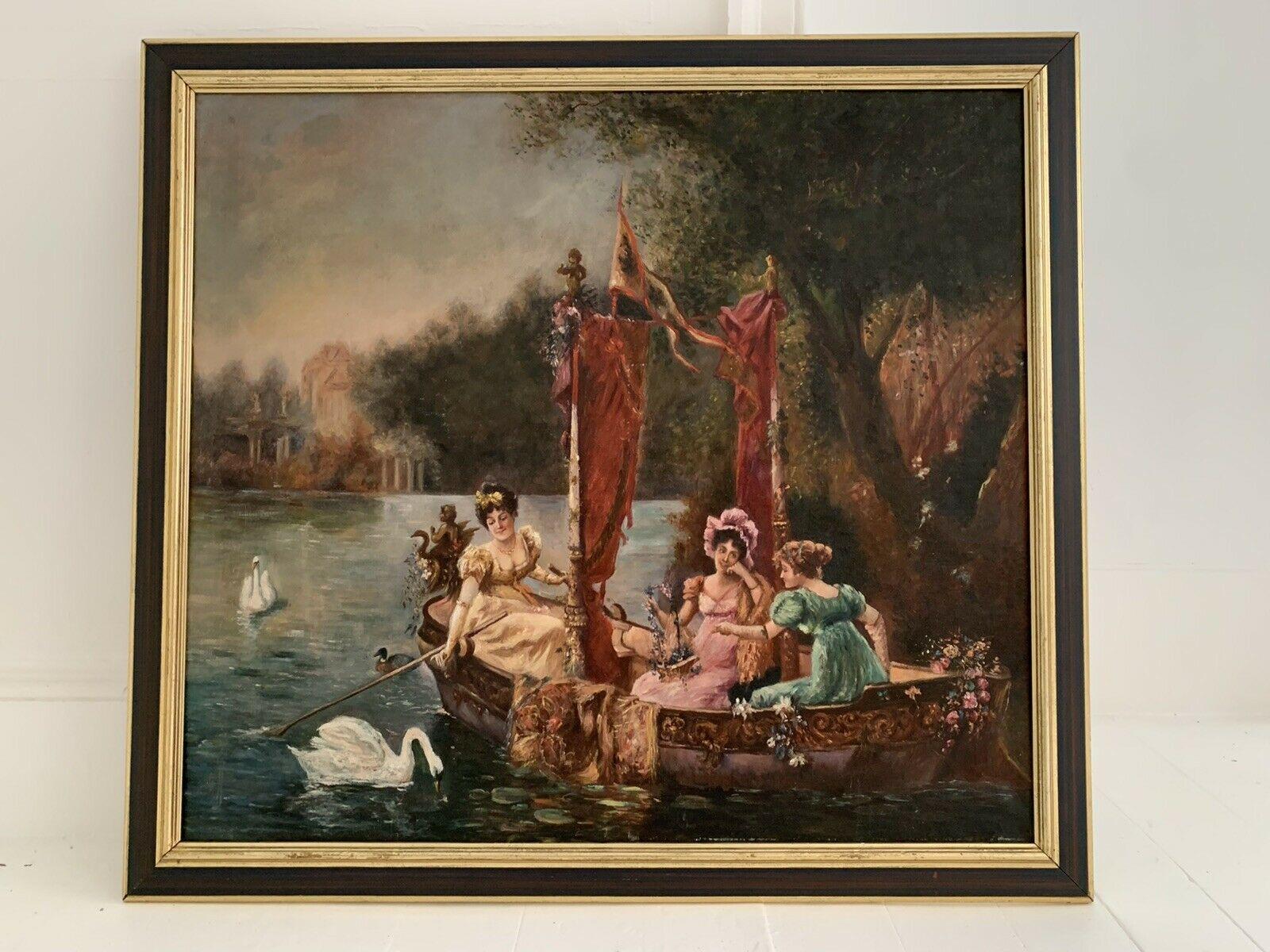 C. 1900 FRENCH BELLE EPOQUE HUGE OIL PAINTING - ELEGANT LADIES BOATING ON LAKE - Painting by Unknown