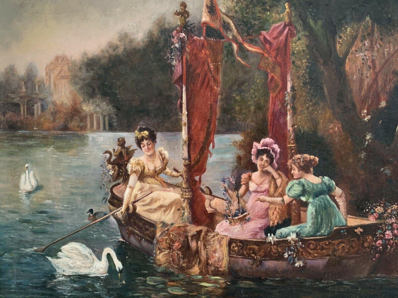 C. 1900 FRANÇAIS BELLE ÉPOQUE GRANDE PEINTURE À L'HUILE - DAMES ÉLÉGANTES NAVIGUANT SUR UN LAC - Rococo Painting par Unknown