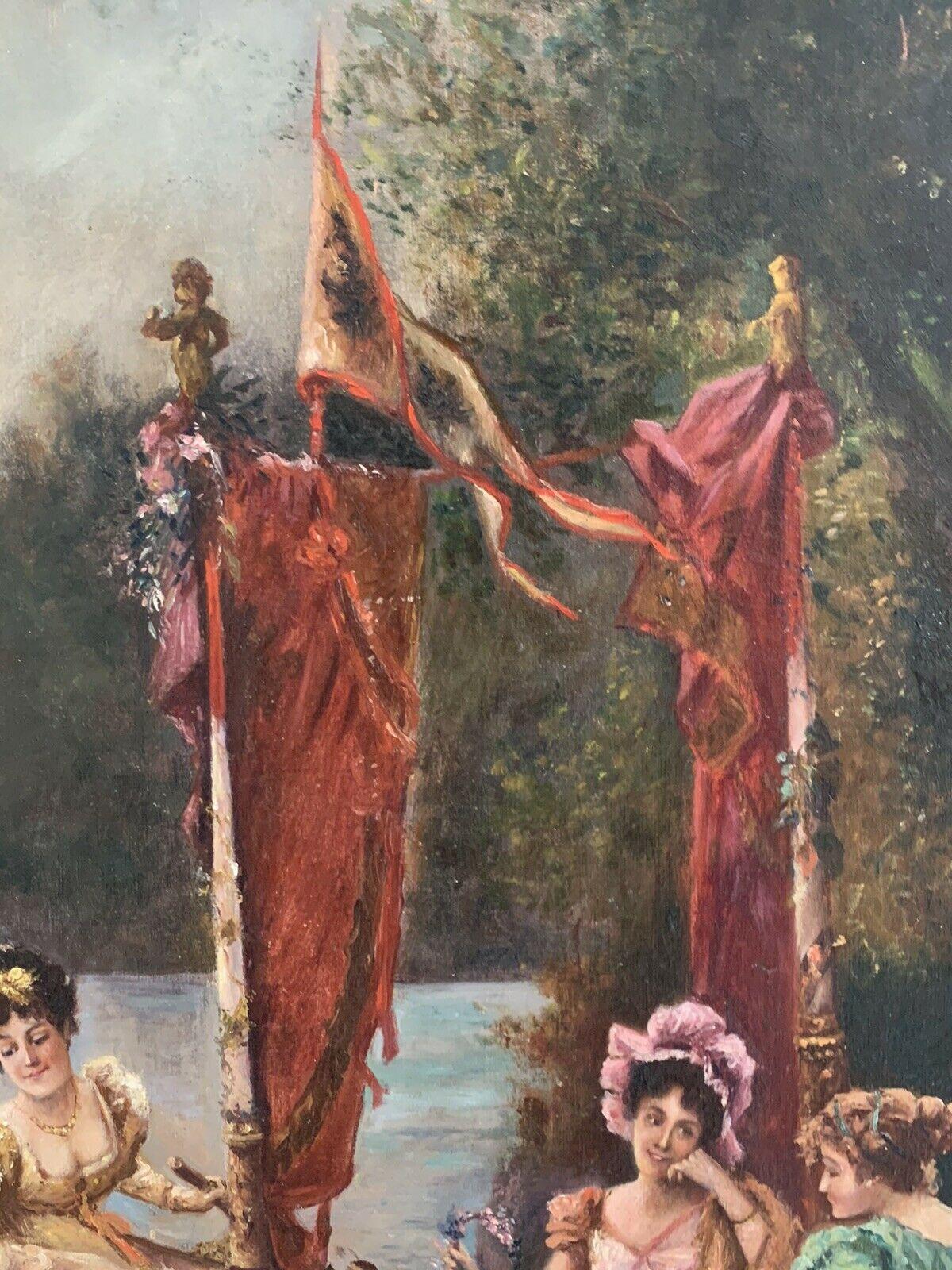 C. 1900 FRENCH BELLE EPOQUE GRAN ÓLEO - ELEGANTES DAMAS NAVEGANDO EN UN LAGO - Portrait Painting Negro de Unknown
