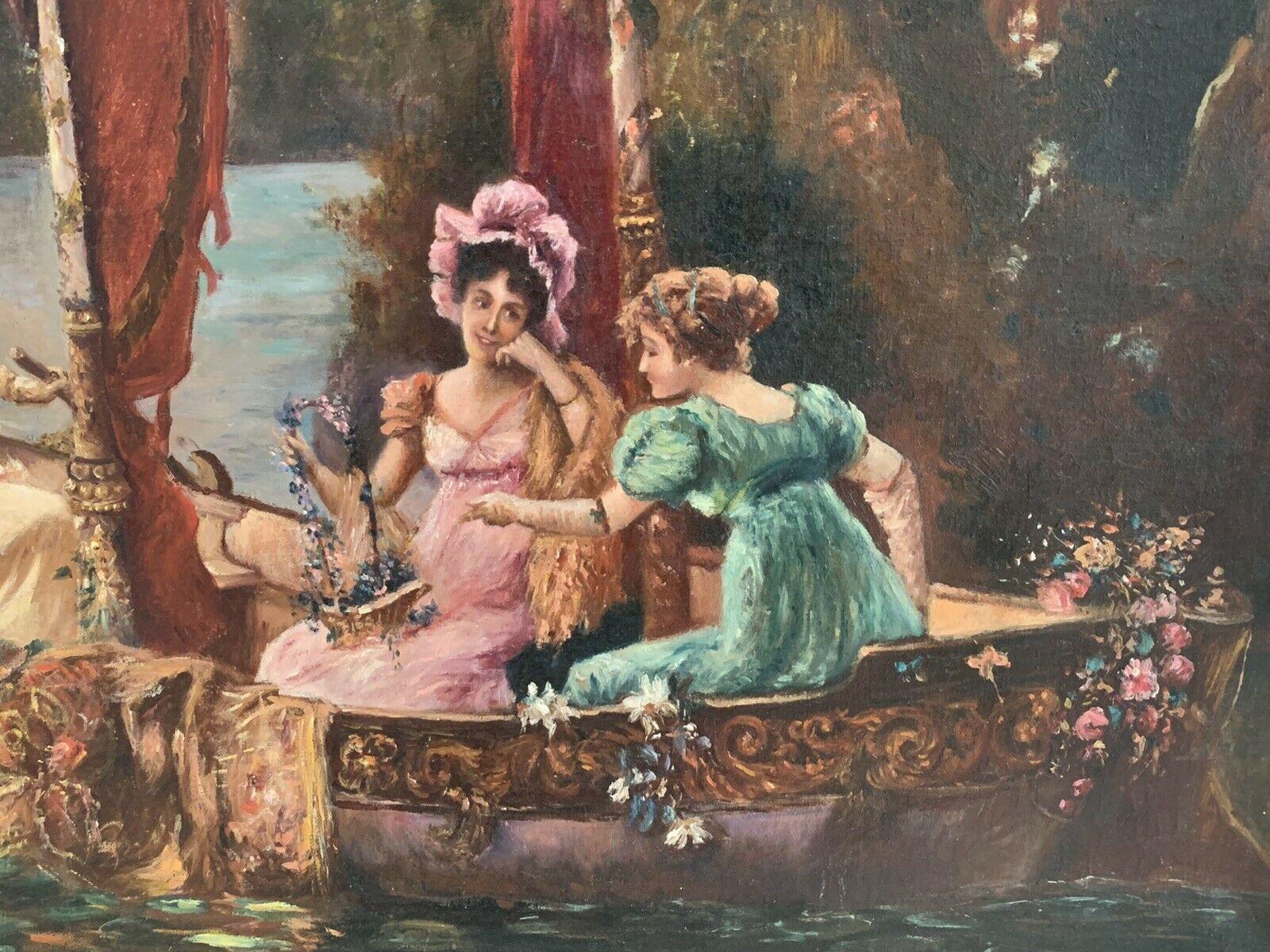 C. 1900 FRENCH BELLE EPOQUE HUGE OIL PAINTING - ELEGANT LADIES BOATING ON LAKE - Rococo Painting by Unknown