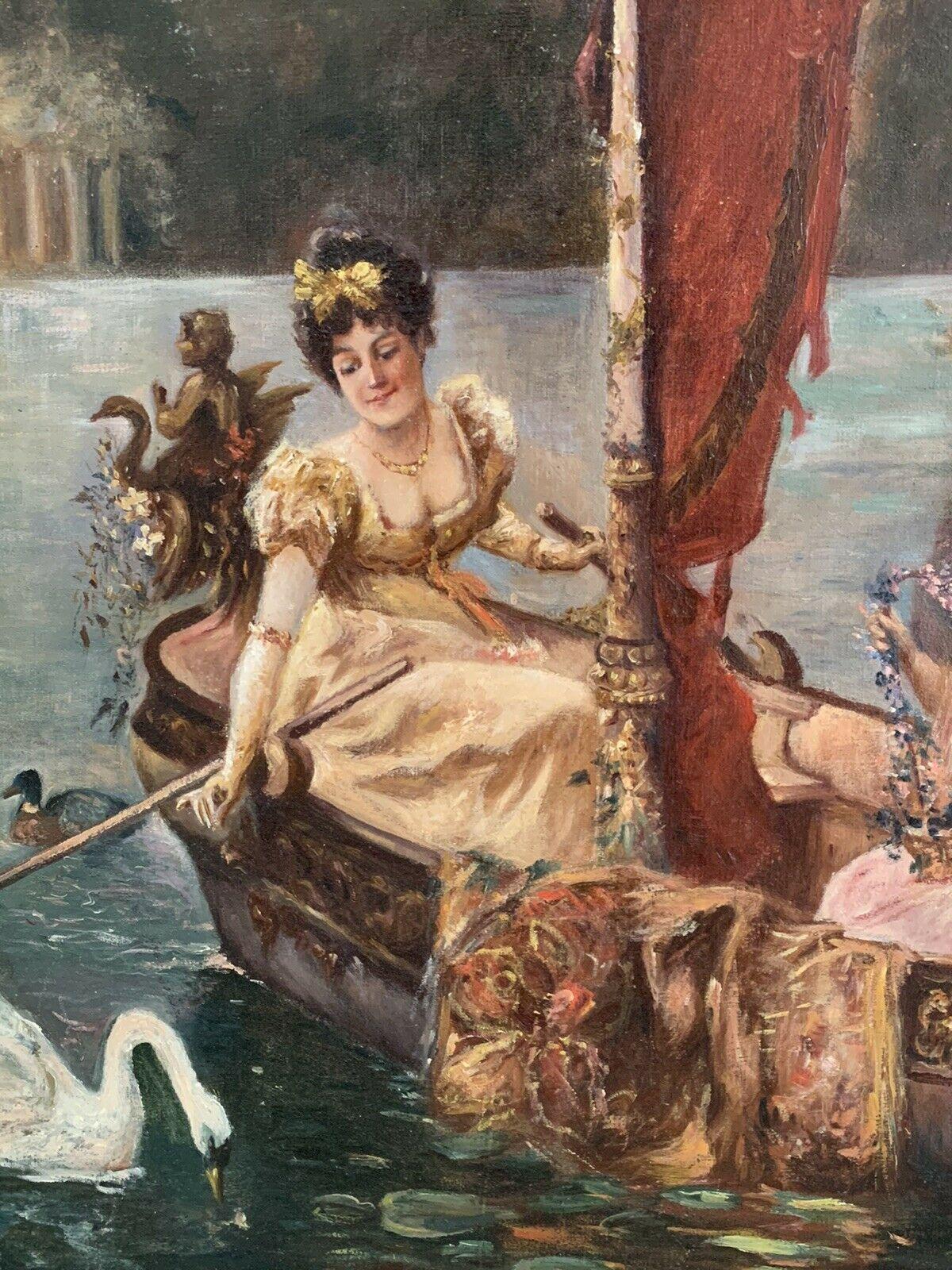C. 1900 FRENCH BELLE EPOQUE HUGE OIL PAINTING - ELEGANT LADIES BOATING ON LAKE - Black Portrait Painting by Unknown