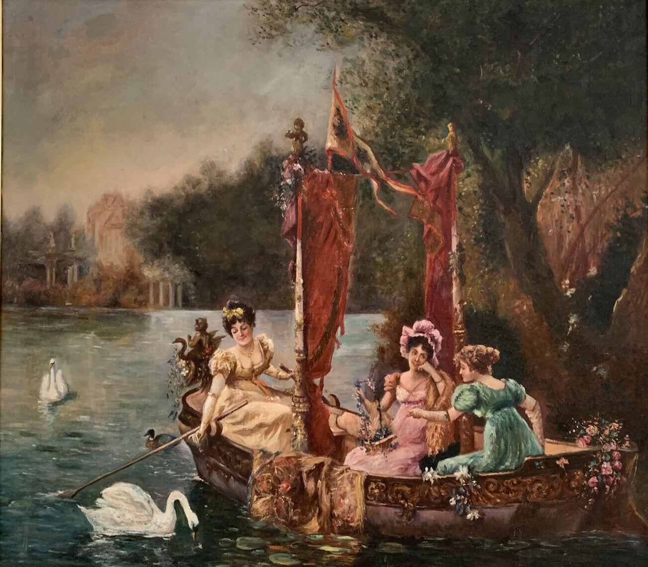 C. 1900 FRENCH BELLE EPOQUE HUGE OIL PAINTING - ELEGANT LADIES BOATING ON LAKE