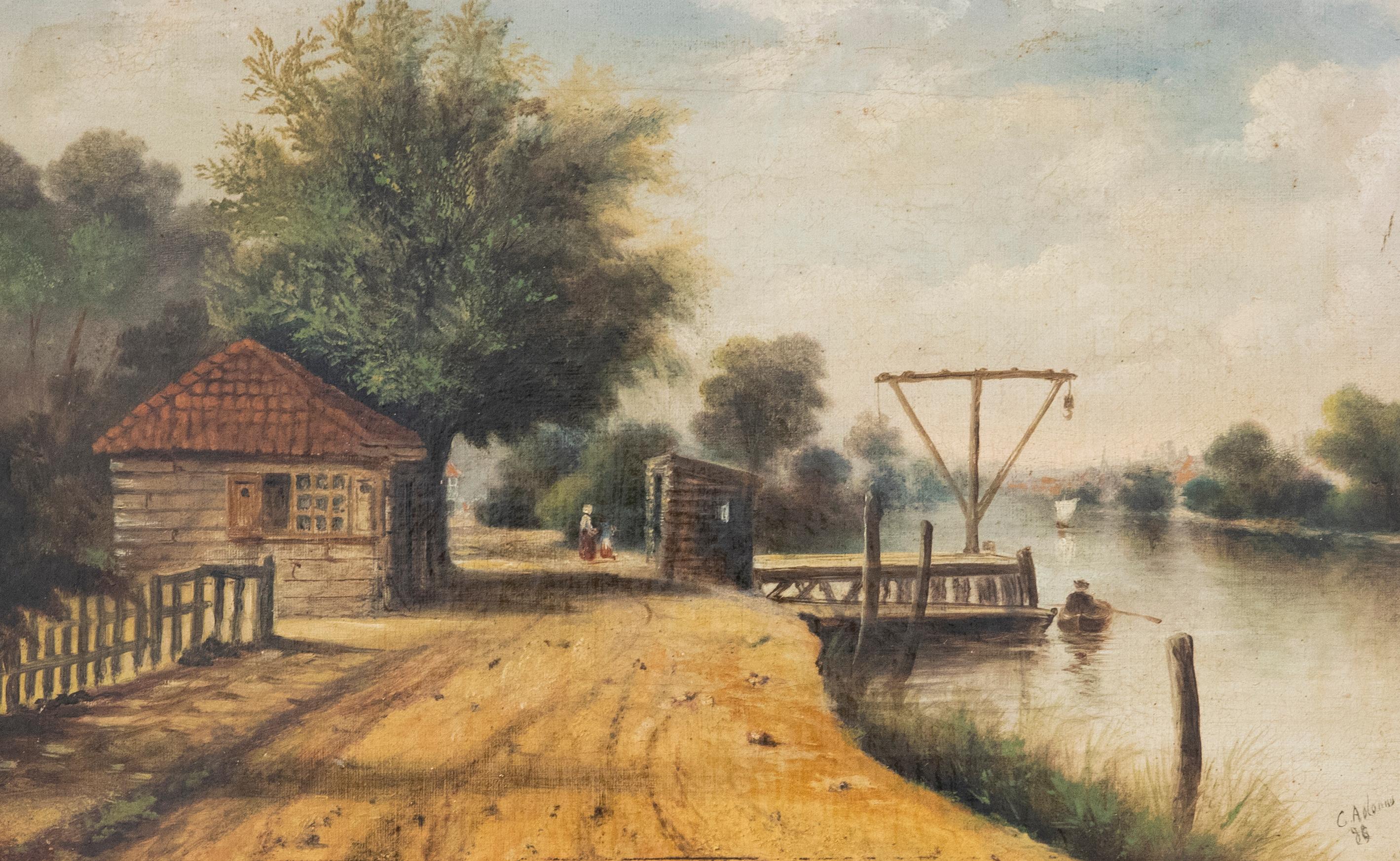 C. Adams - Framed Late 19th Century Oil, Waiting by the Jetty - Painting by Unknown