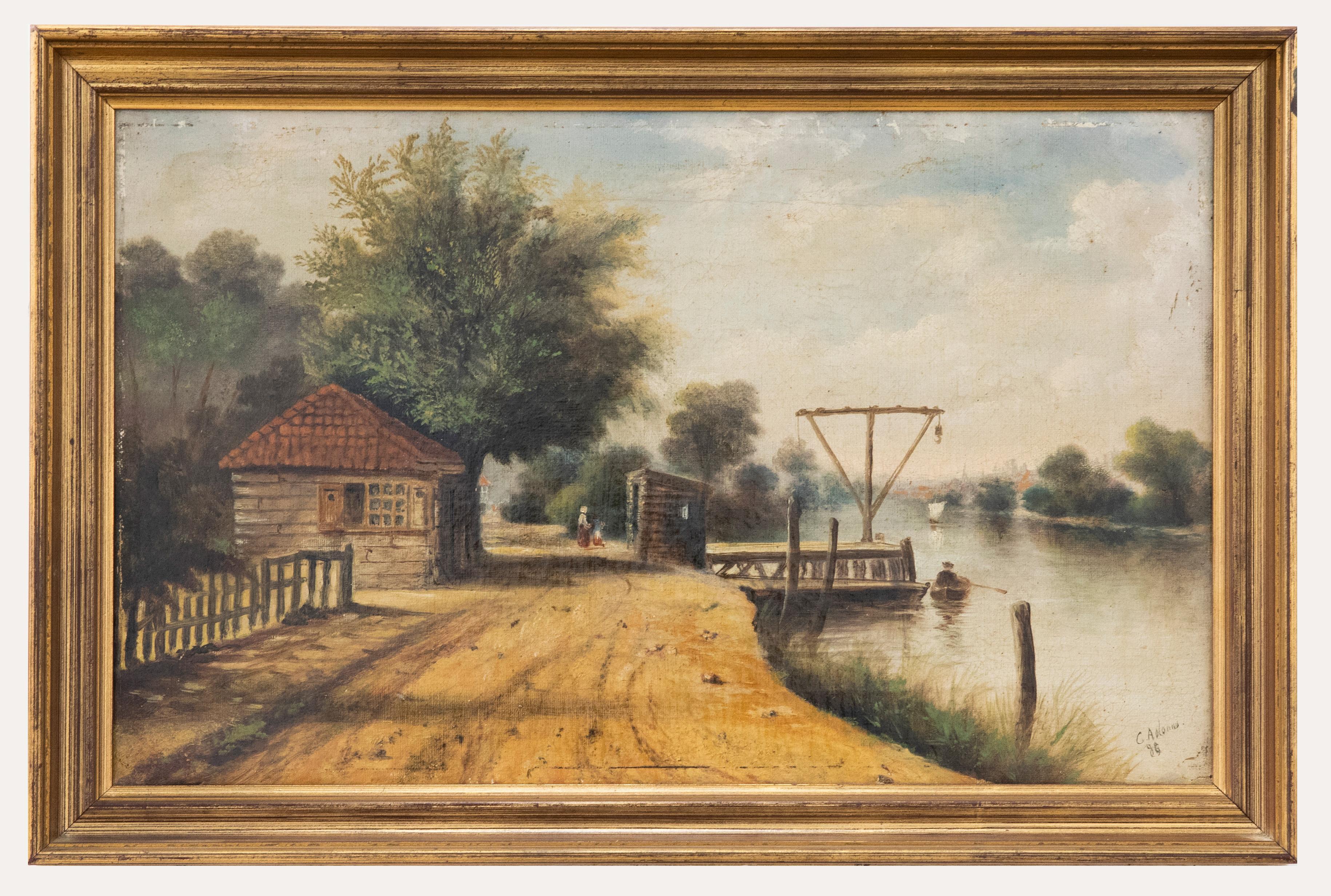 Unknown Landscape Painting - C. Adams - Framed Late 19th Century Oil, Waiting by the Jetty