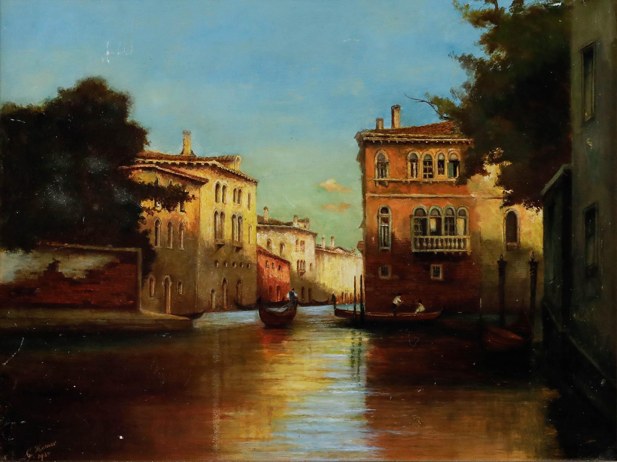 C. Homer after Nicolas Briganti - 1934 Oil, Venetian Scene with Gondolas - Painting by Unknown