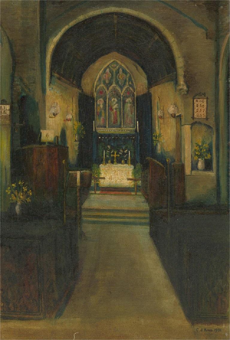 Unknown Interior Painting - C. J. King - 1931 Oil, Church Interior