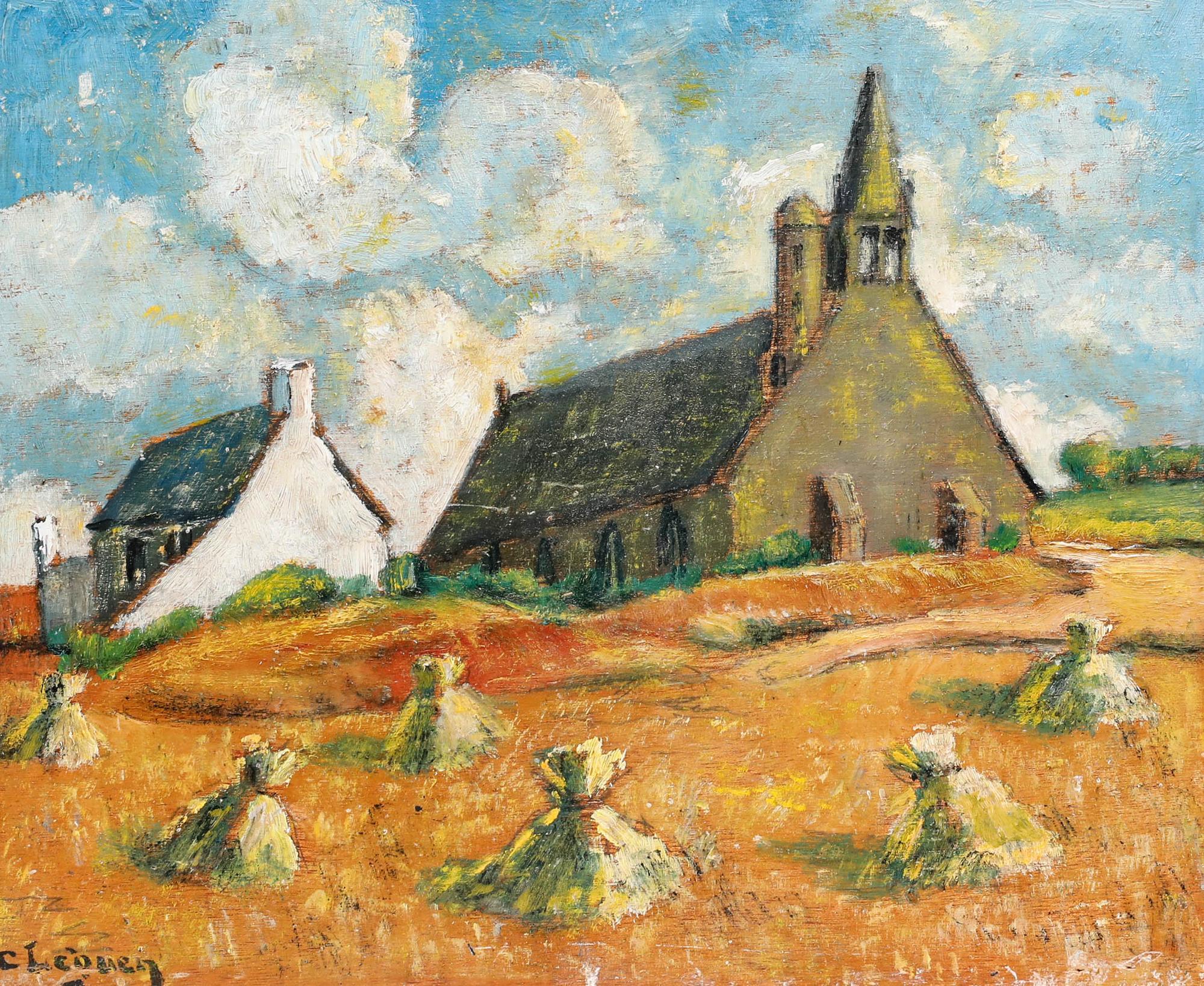 C. Leguen - Breton School Mid 20th Century Oil, Harvest near the Chapel - Painting by Unknown