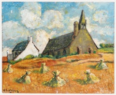 C. Leguen - Breton School Mid 20th Century Oil, Harvest near the Chapel
