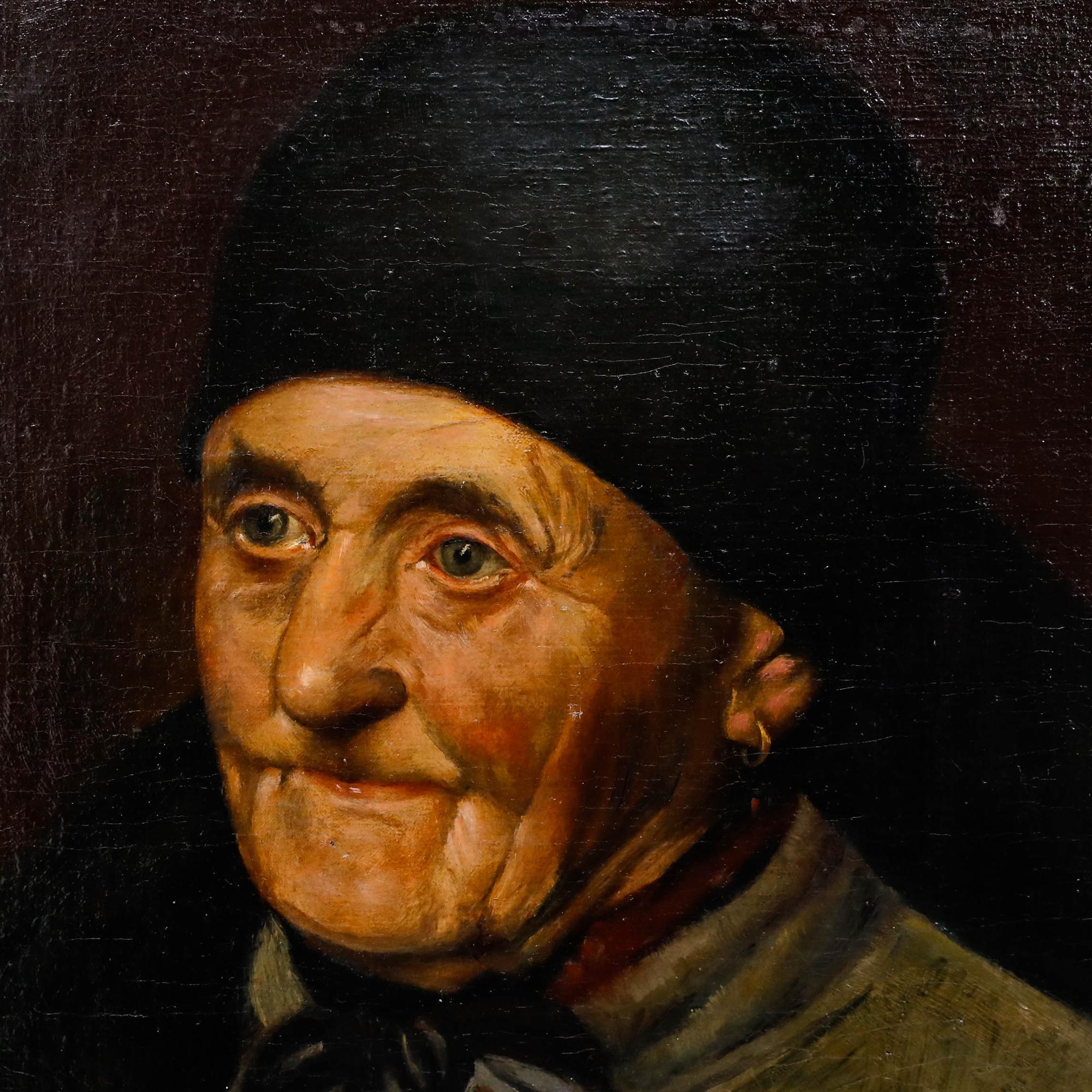 This detailed portrait depicts an elderly figure wearing a dark headscarf and neckerchief, rendered with careful attention to the weathered features and gentle expression that speak to a life of experience. The artist employs a warm, subdued palette