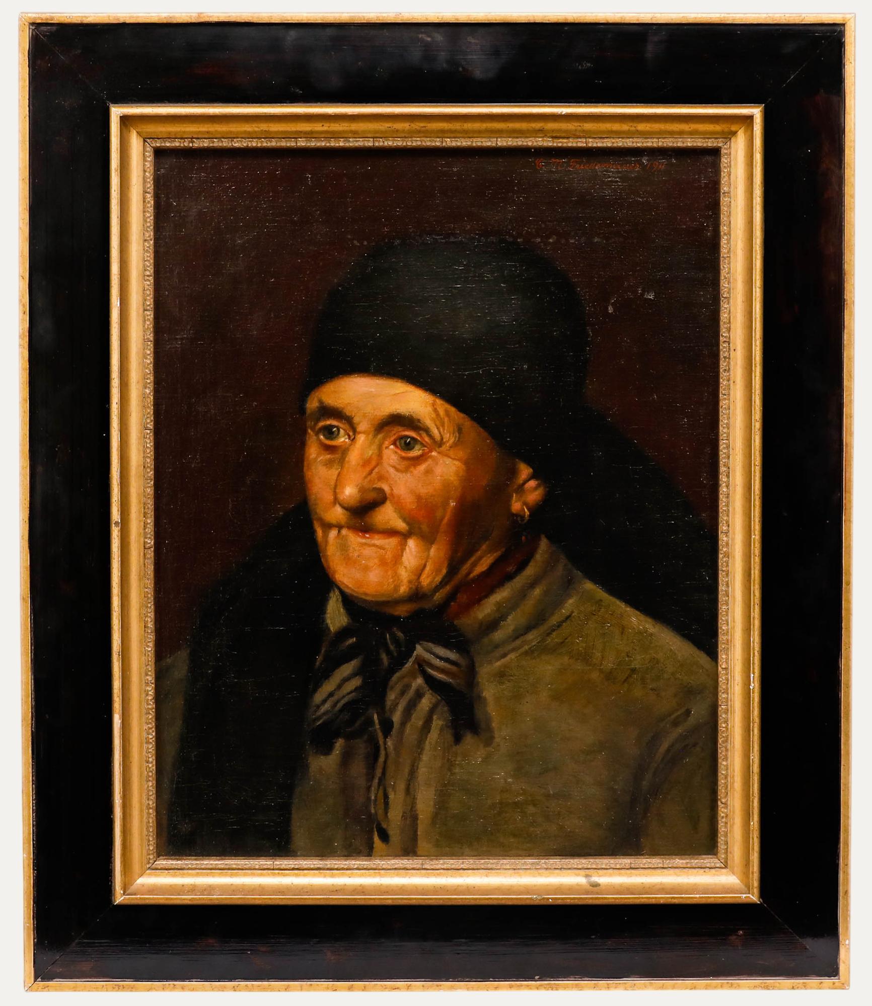 Unknown Portrait Painting - C. M. Friedmaura - 1911 Oil, Portrait of an Elderly Woman