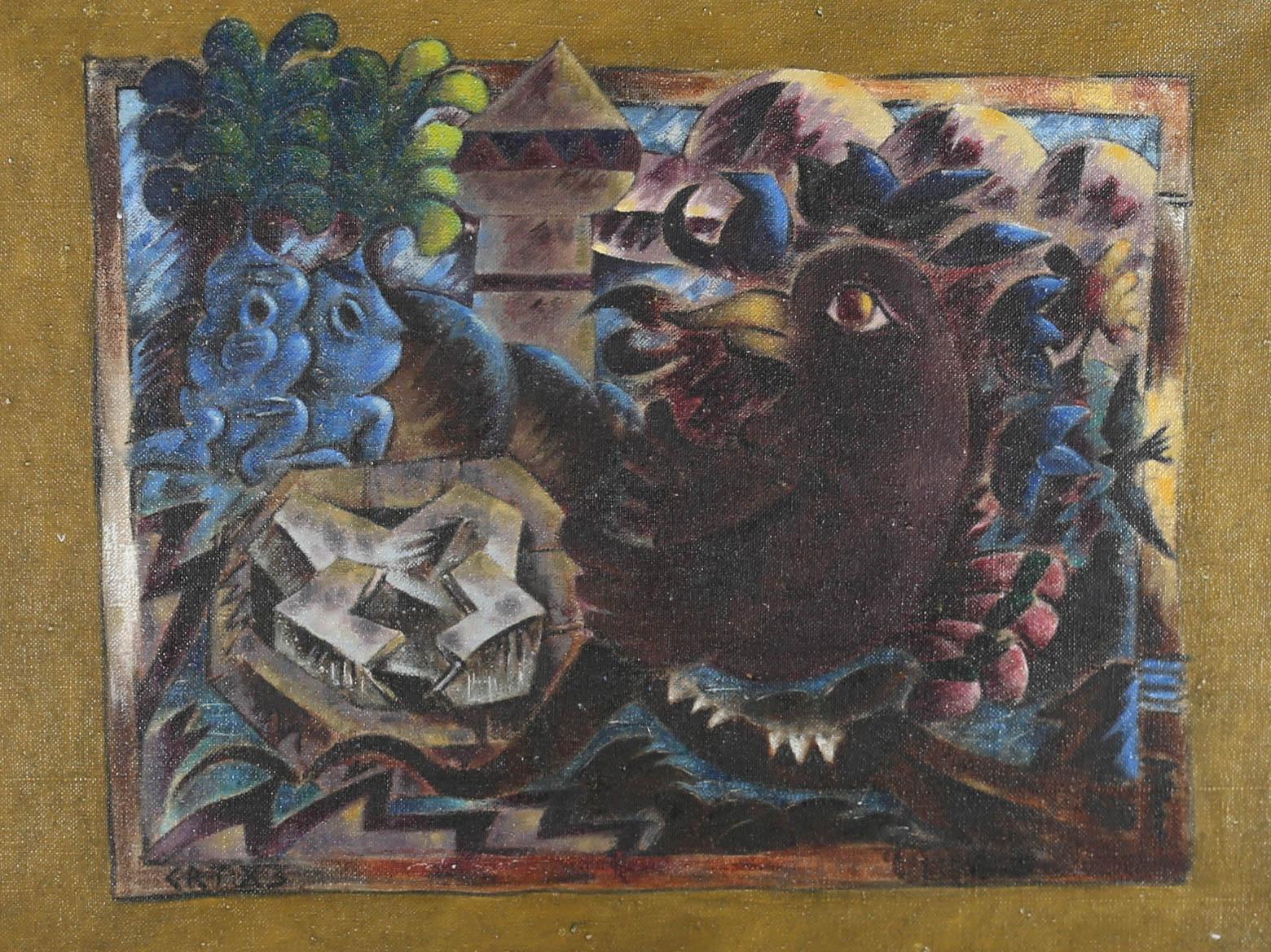 C. R. T. - 1983 Oil, Black Bird On The City Walls - Painting by Unknown