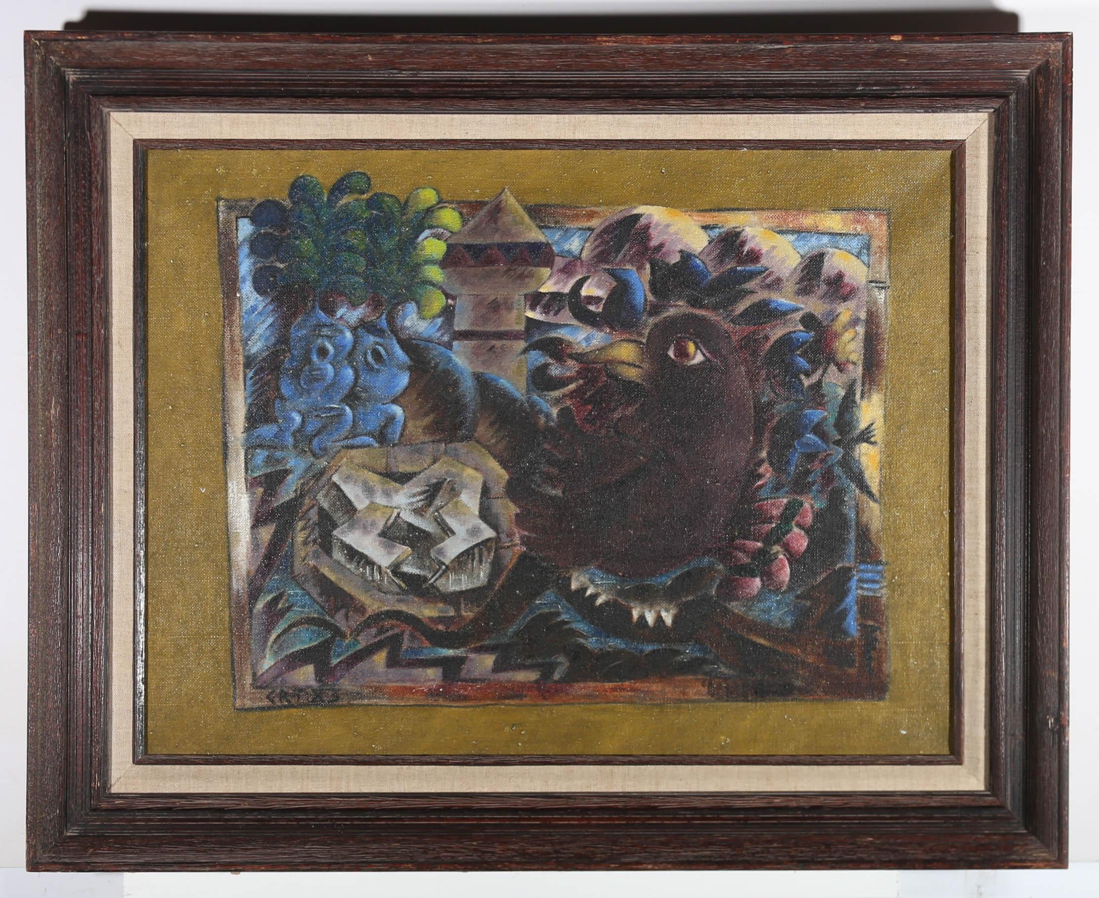 A striking and stylised 20th Century oil, showing a wide eyed black bird surrounded by fragmented towers, walls and strange blue and green plants. The artist has initialed and dated to the lower left corner and the painting has been presented in a