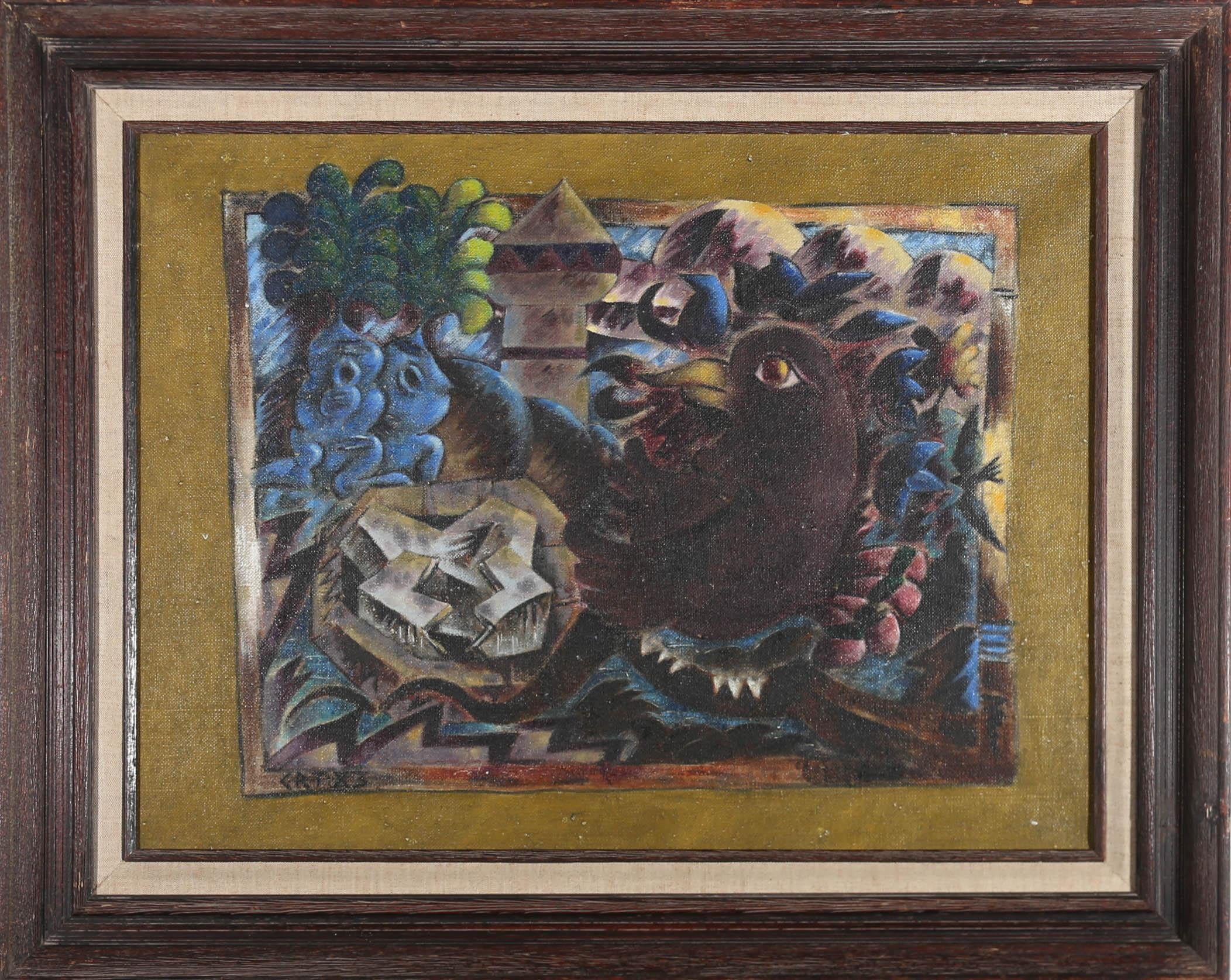 Unknown Animal Painting - C. R. T. - 1983 Oil, Black Bird On The City Walls
