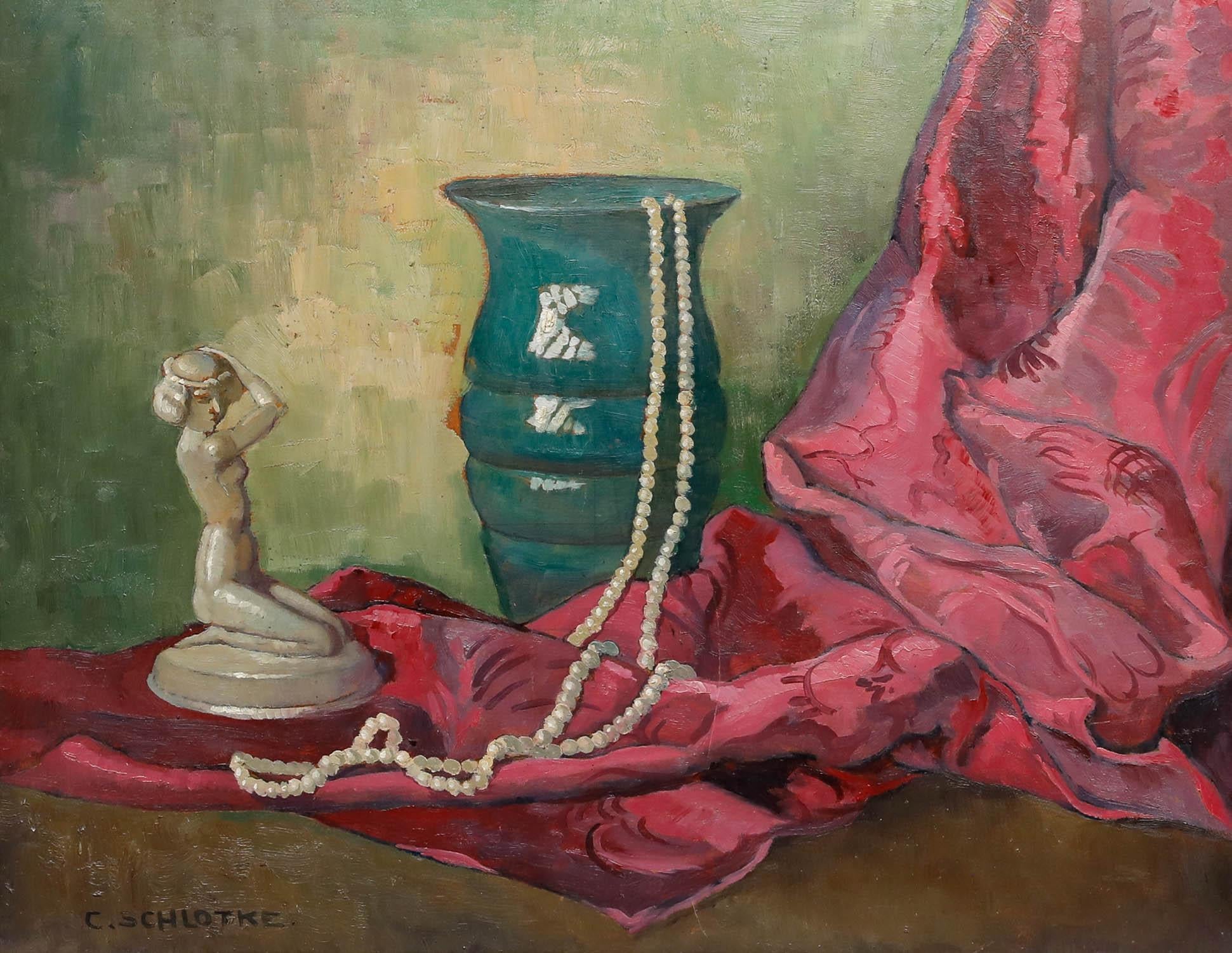 C. Schlotke - Début du 20e siècle Huile, Nature morte avec une figurine - Painting de Unknown