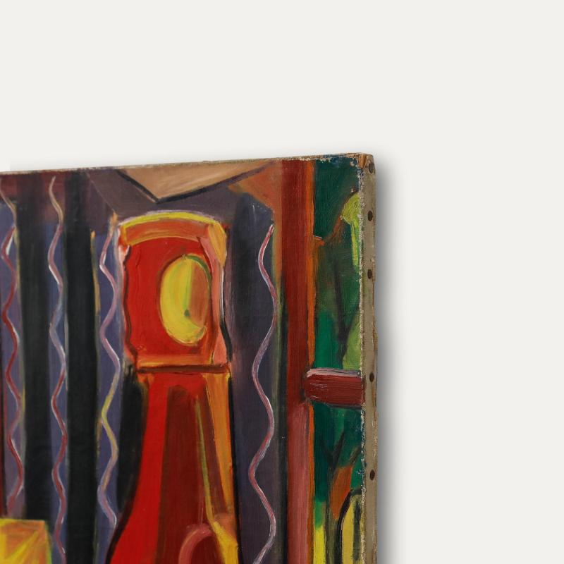 A playful mid-century still life scene depicting a busy interior with a grandfather clock towering over a table topped with artfully arranged fruit. Signed and dated to the lower right. On canvas on stretchers. Image size: 54.5 x 46cm.