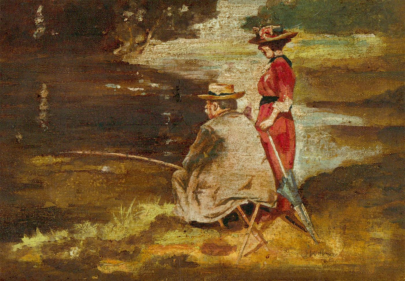 Huile du milieu du 20e siècle, « Fishing at the Lake », signée et encadrée par C. Wilhay - Painting de Unknown