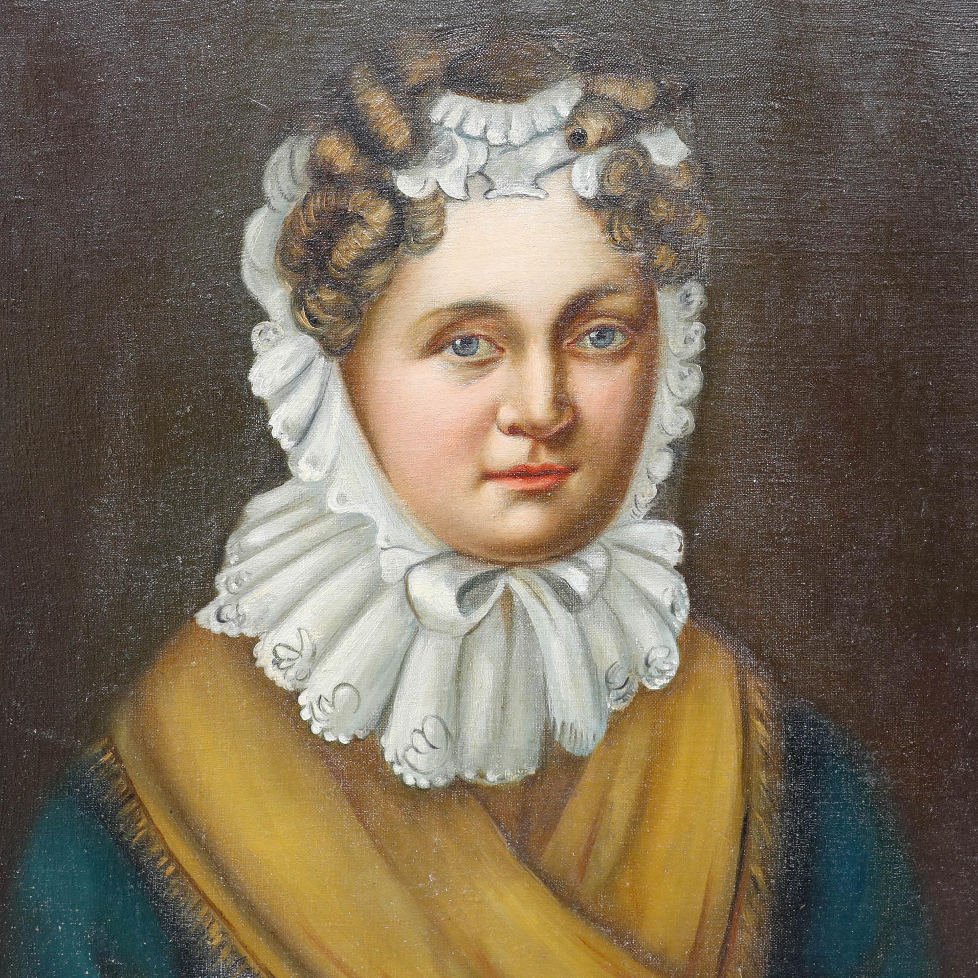 A charming depiction of Mrs von Marschall in a lace bonnet and a shawl. Acquired as part of a pair with a portrait of her husband by the same hand. 

Unsigned. Inscribed with biographical details verso. On canvas. 