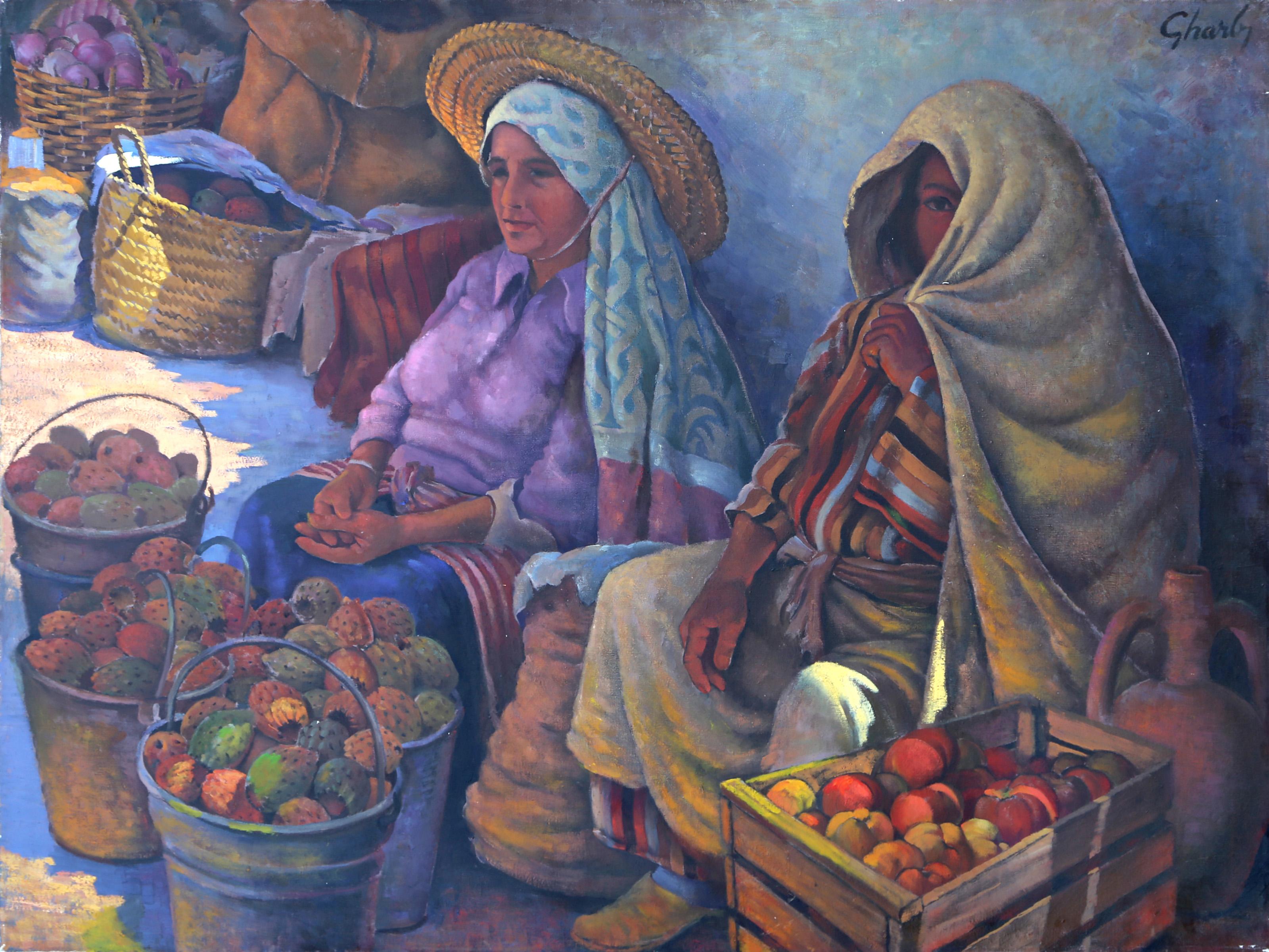 Kaktus Fruit Sellers, Folk Art Öl auf Leinwand Gemälde von Jalal Gharbi