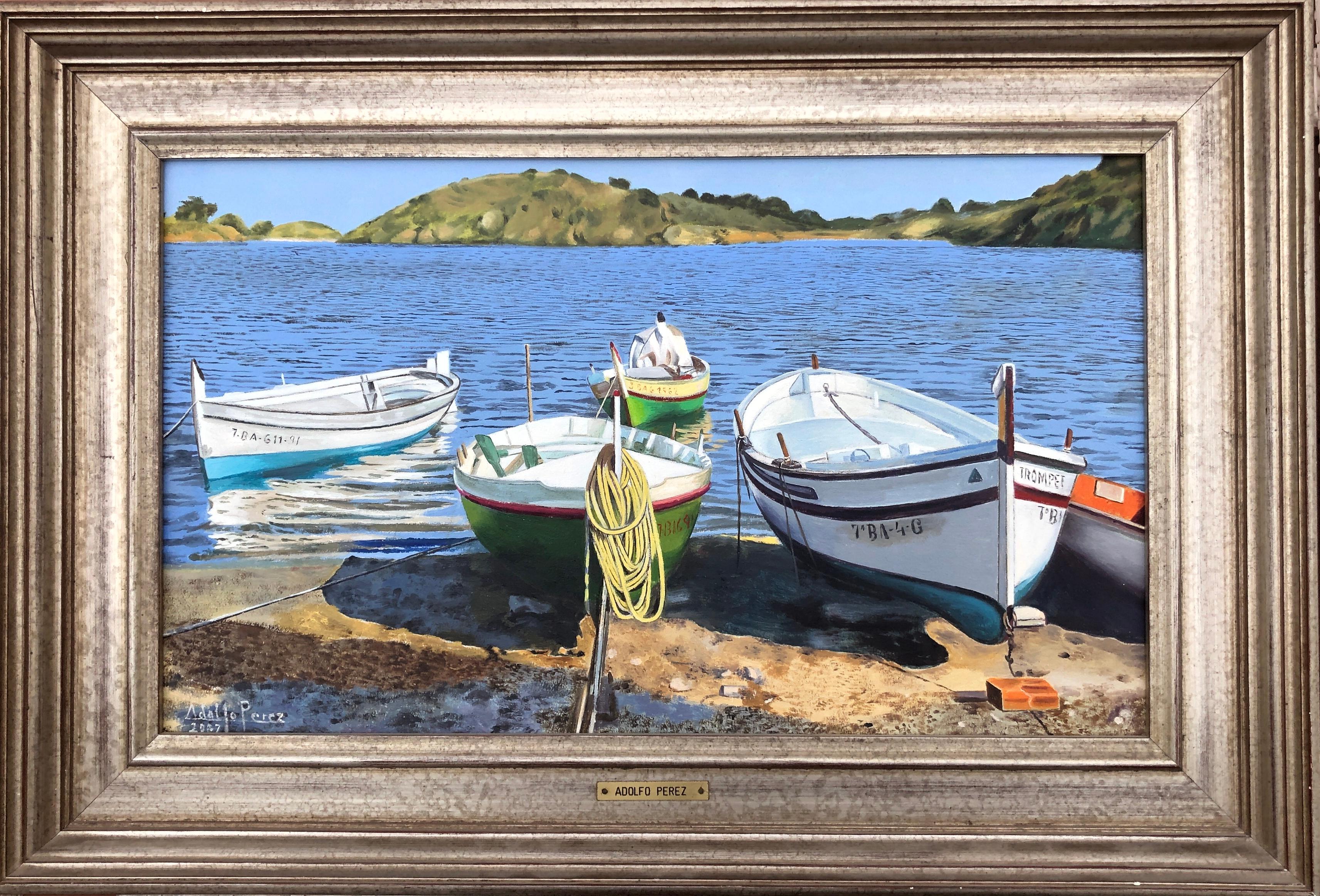 Cadaqués España óleo sobre lienzo pintura paisaje marino barcos playa - Painting de Unknown