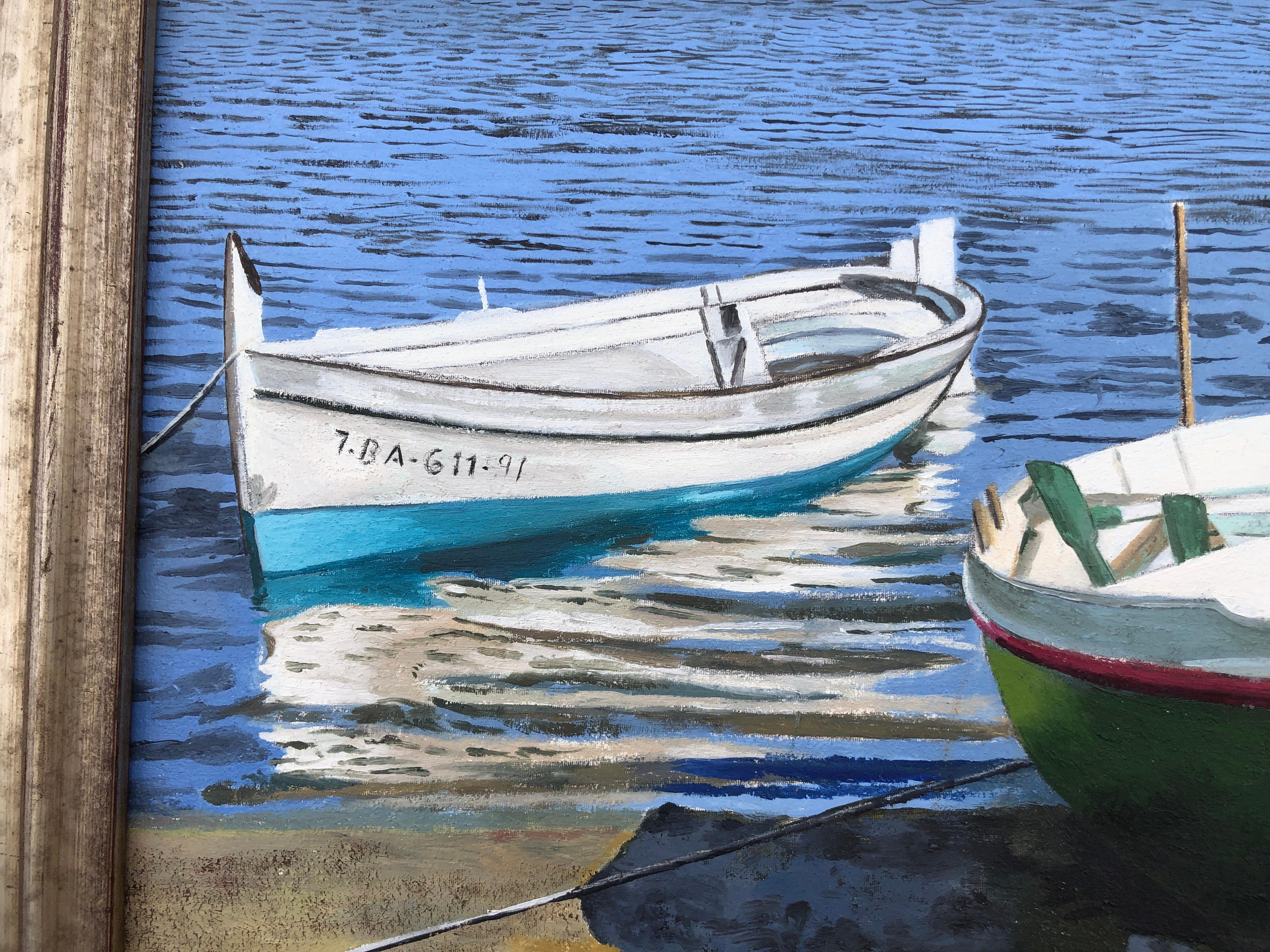 Cadaqués España óleo sobre lienzo pintura paisaje marino barcos playa - Landscape Painting Gris de Unknown