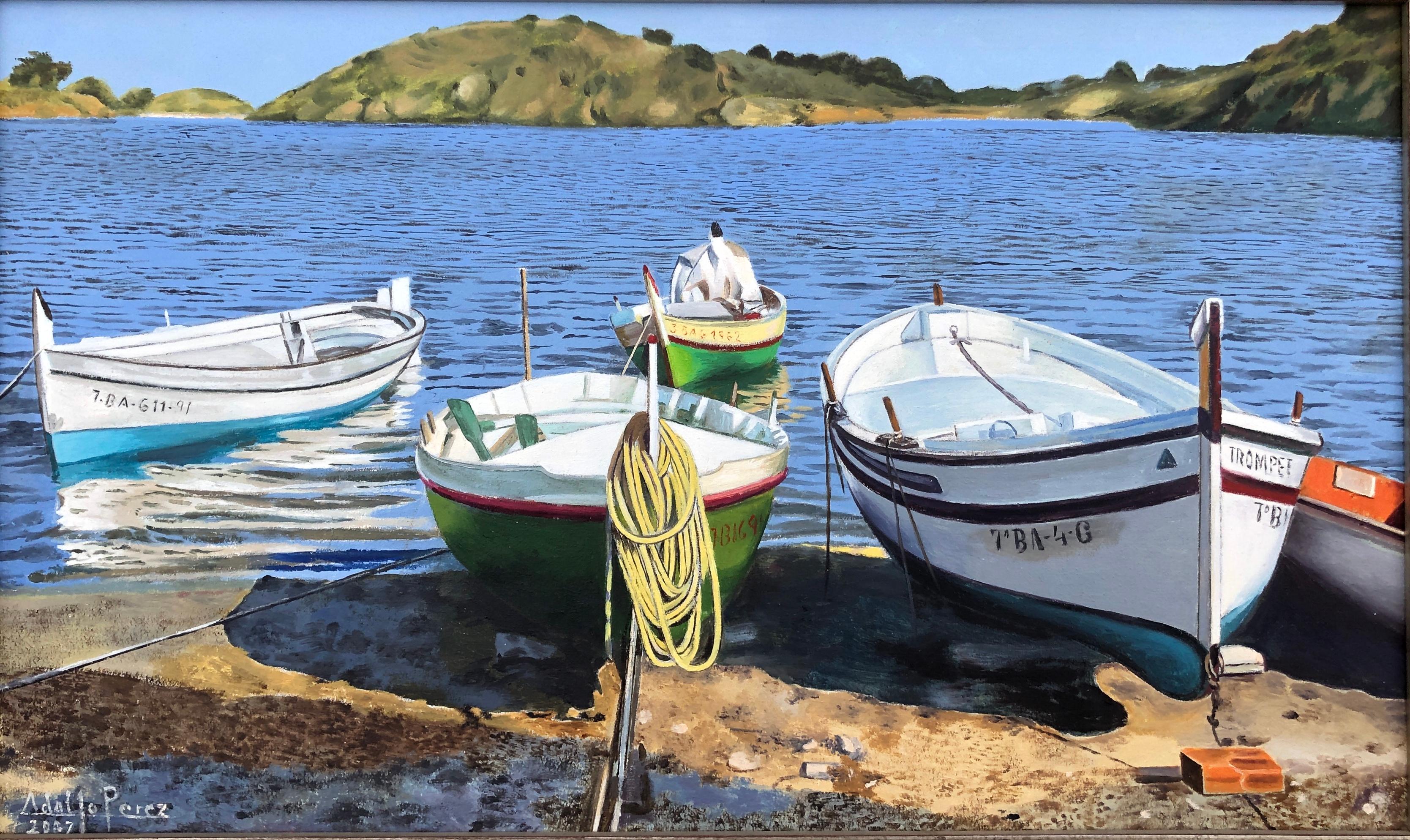 Landscape Painting de Unknown - Cadaqués España óleo sobre lienzo pintura paisaje marino barcos playa