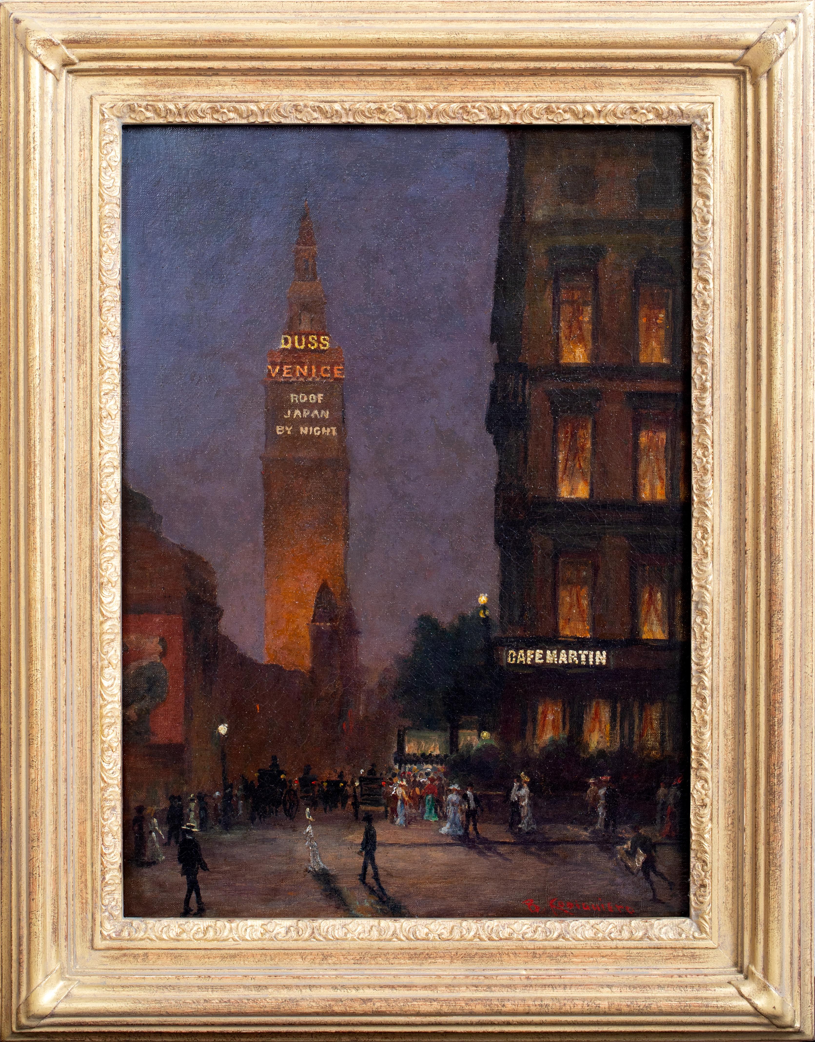 Unknown Landscape Painting - Cafe Martin At Night, Madison Square Park, New York, dated 1902  Rodighiero