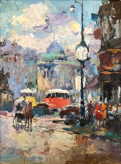 "Cafés et Panthéon" Impressionist Parisian Street Scene Oil Painting on Board