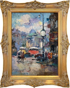 "Cafés et Panthéon" Impressionist Parisian Street Scene Oil Painting on Board