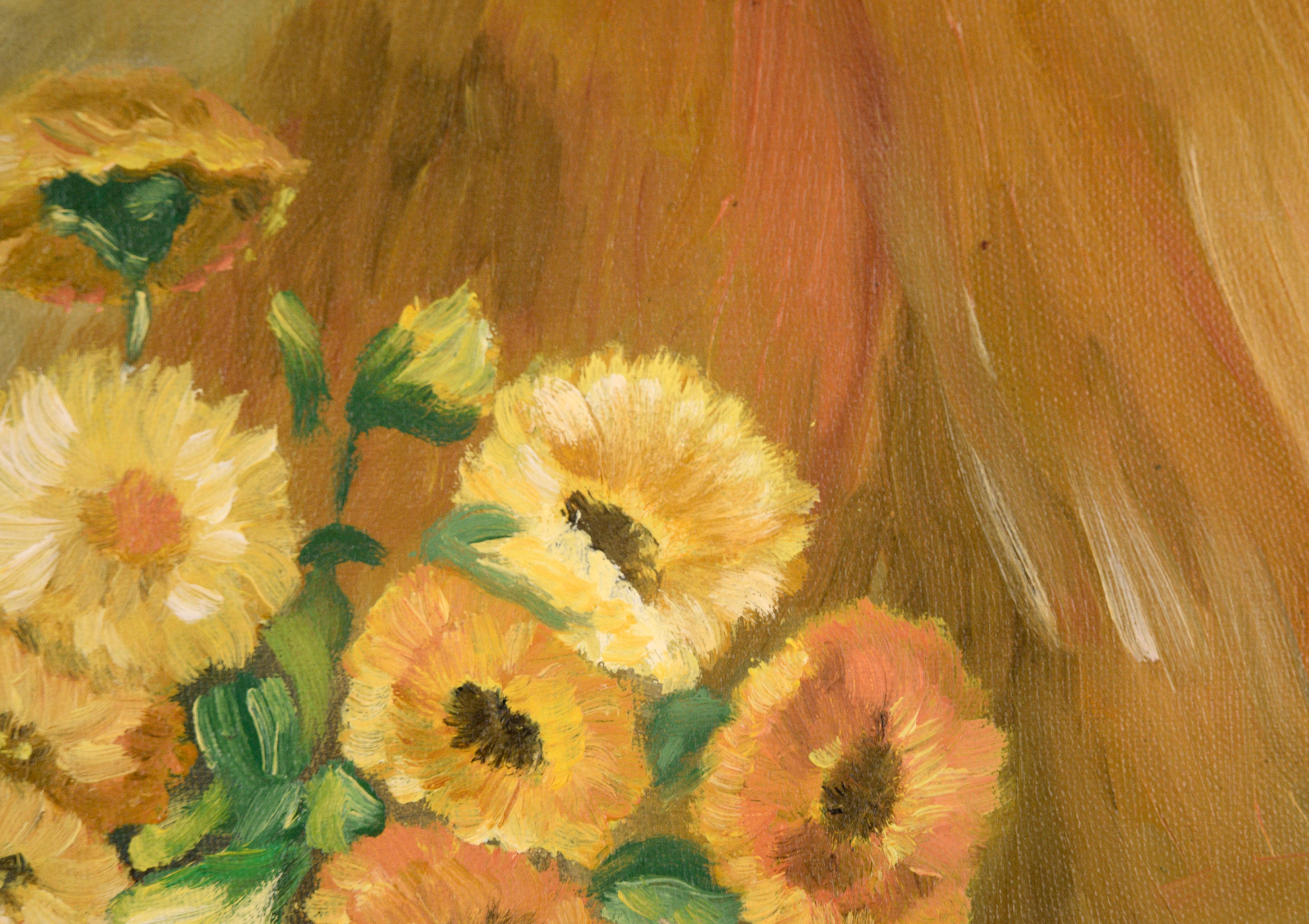 Calendula Still Life with Pitcher in Oil on Canvas - Painting by Unknown