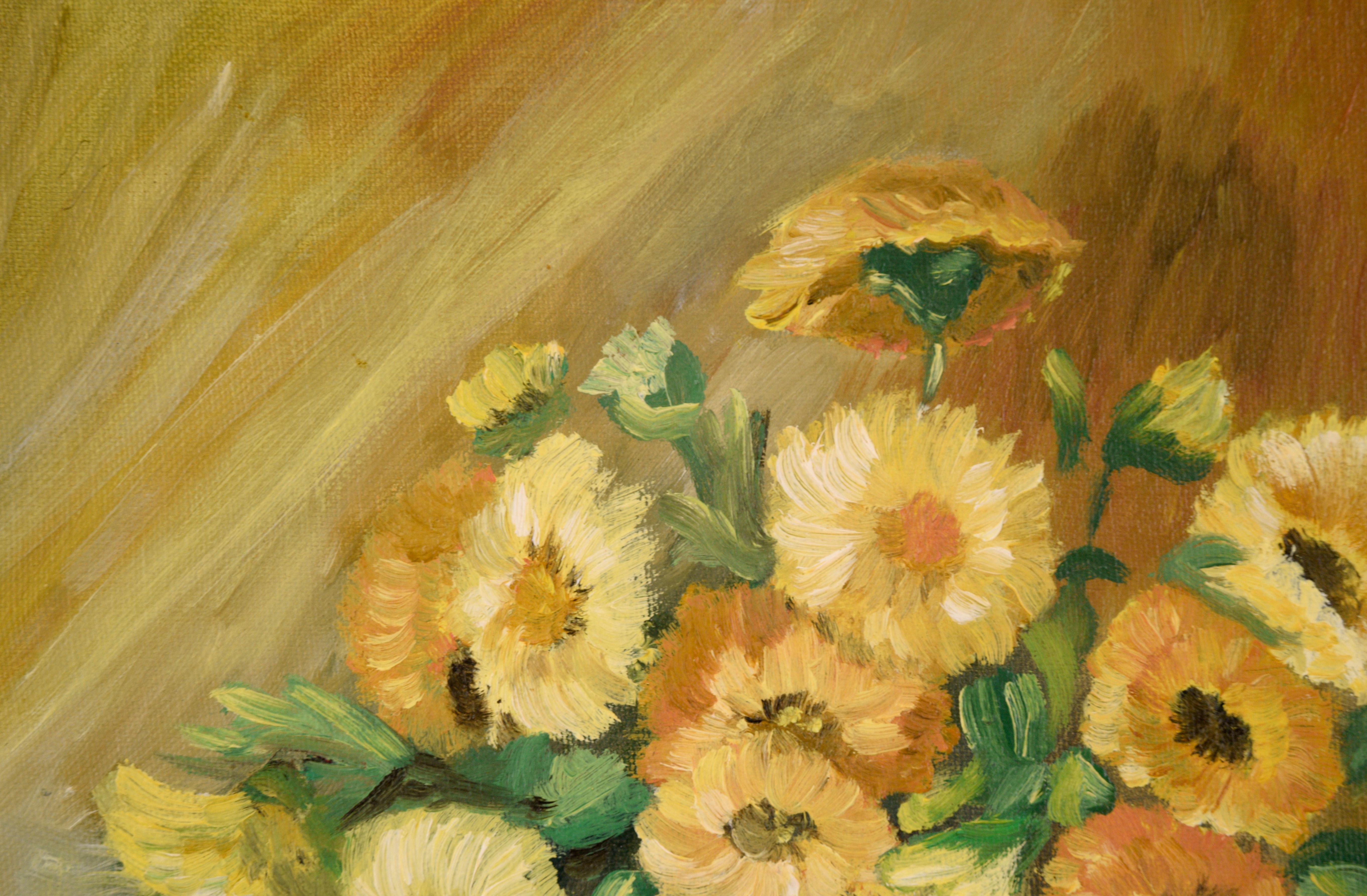 Calendula Still Life with Pitcher in Oil on Canvas - American Impressionist Painting by Unknown