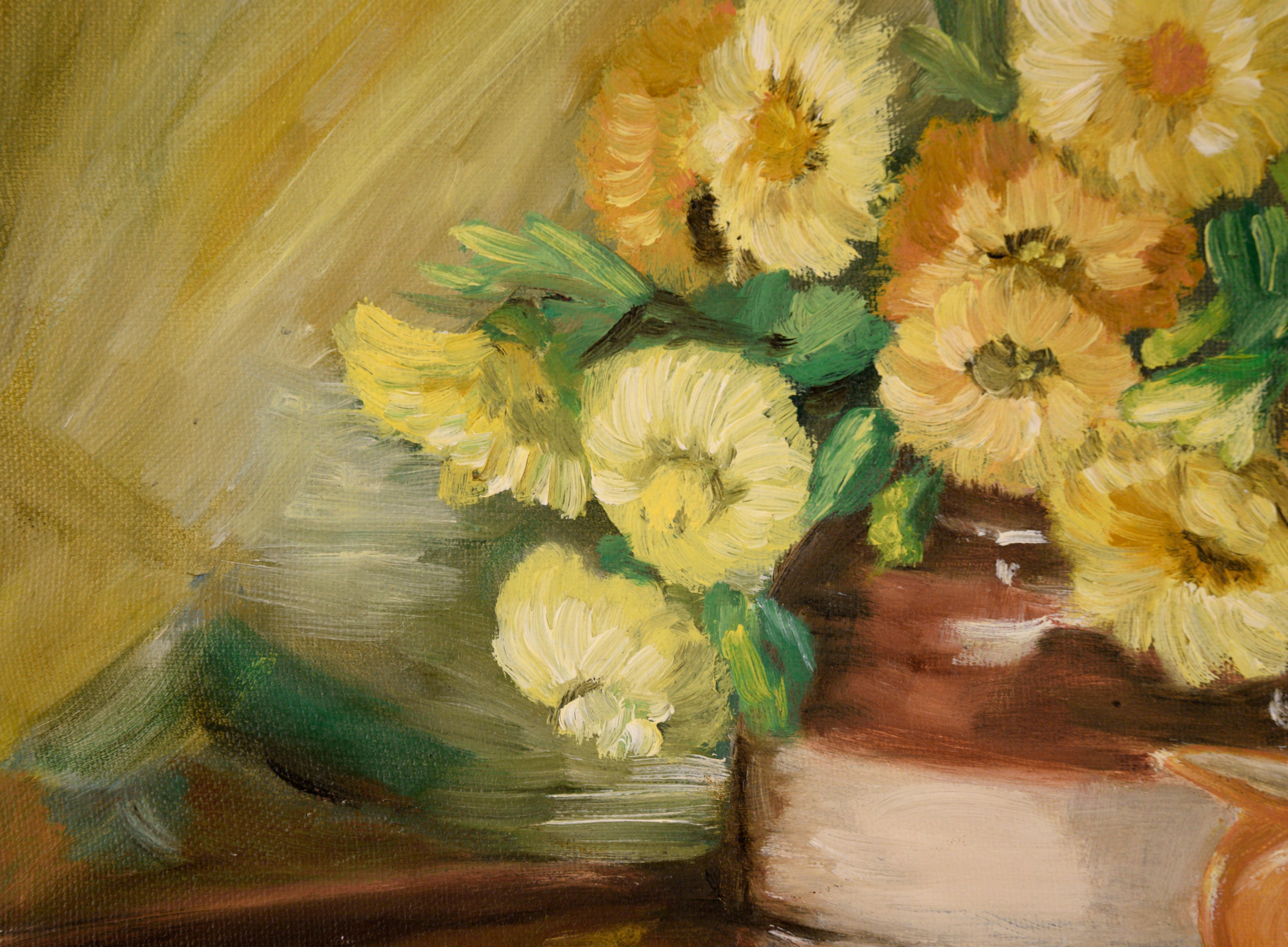 Calendula Still Life with Pitcher in Oil on Canvas

Vibrant still life with calendulas in a pot by unknown artist L. Hayes (American, 20th Century). Bright yellow and orange flowers sit in a two-tone pot. In front of the pot is a small orange