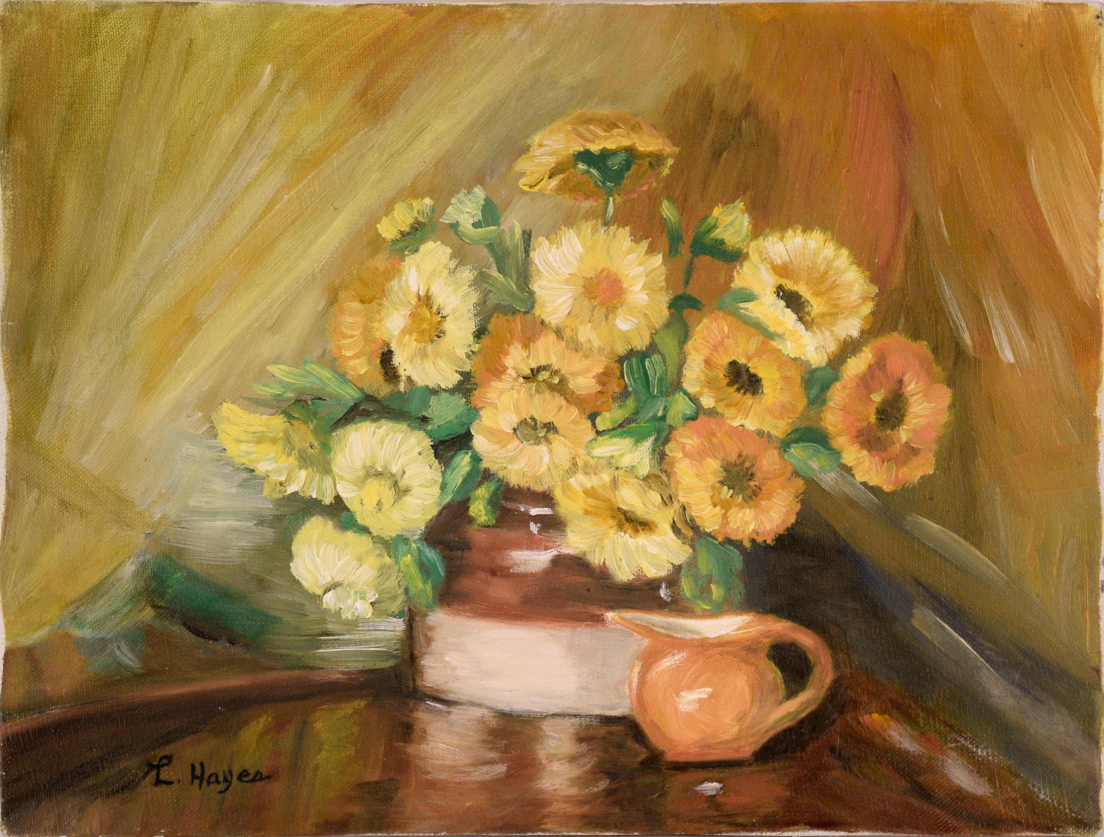 Unknown Still-Life Painting - Calendula Still Life with Pitcher in Oil on Canvas