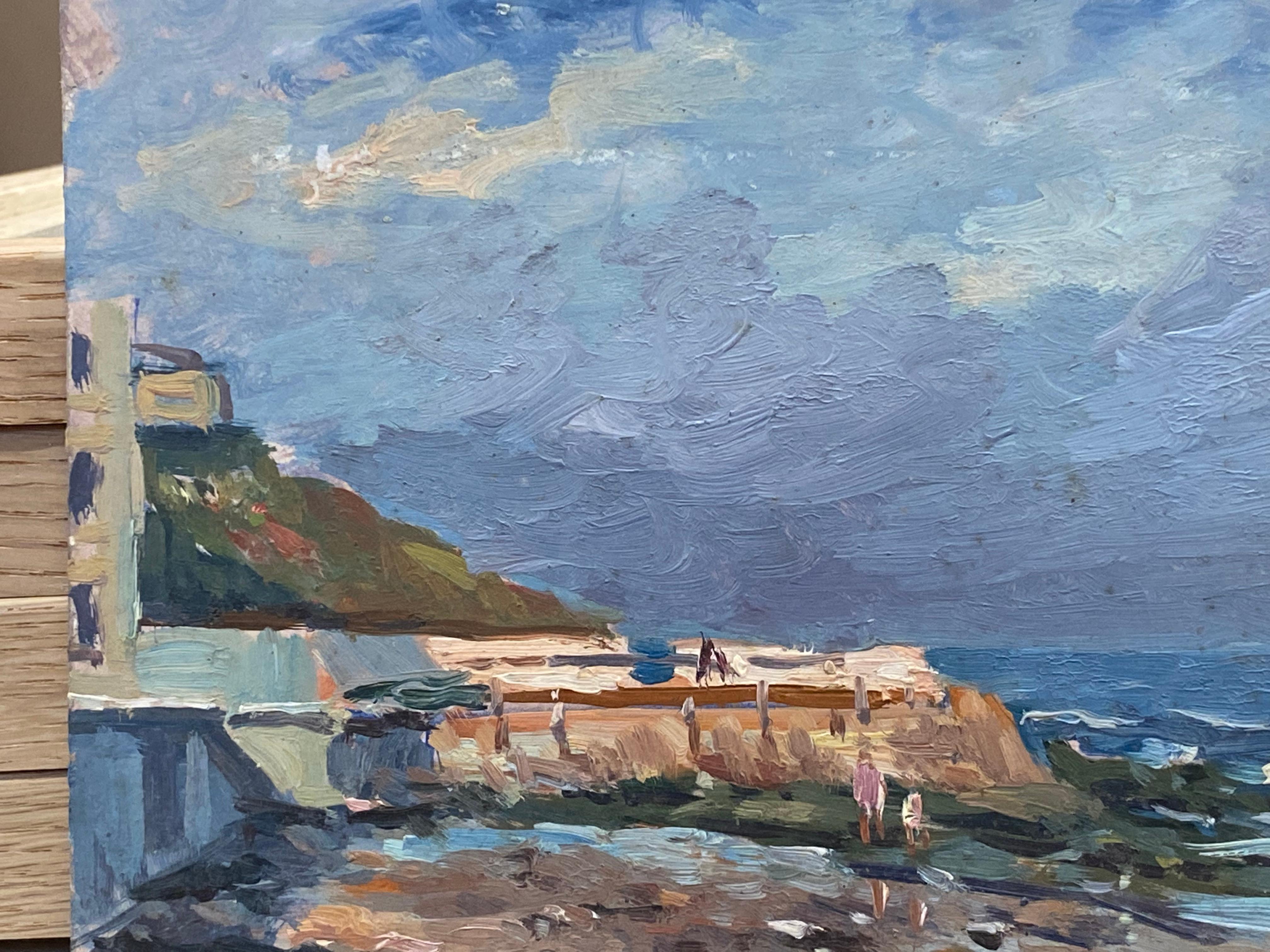 California Beach Scene by French Impressionist Artist -Signed Oil Coastal Scene - Painting by Unknown