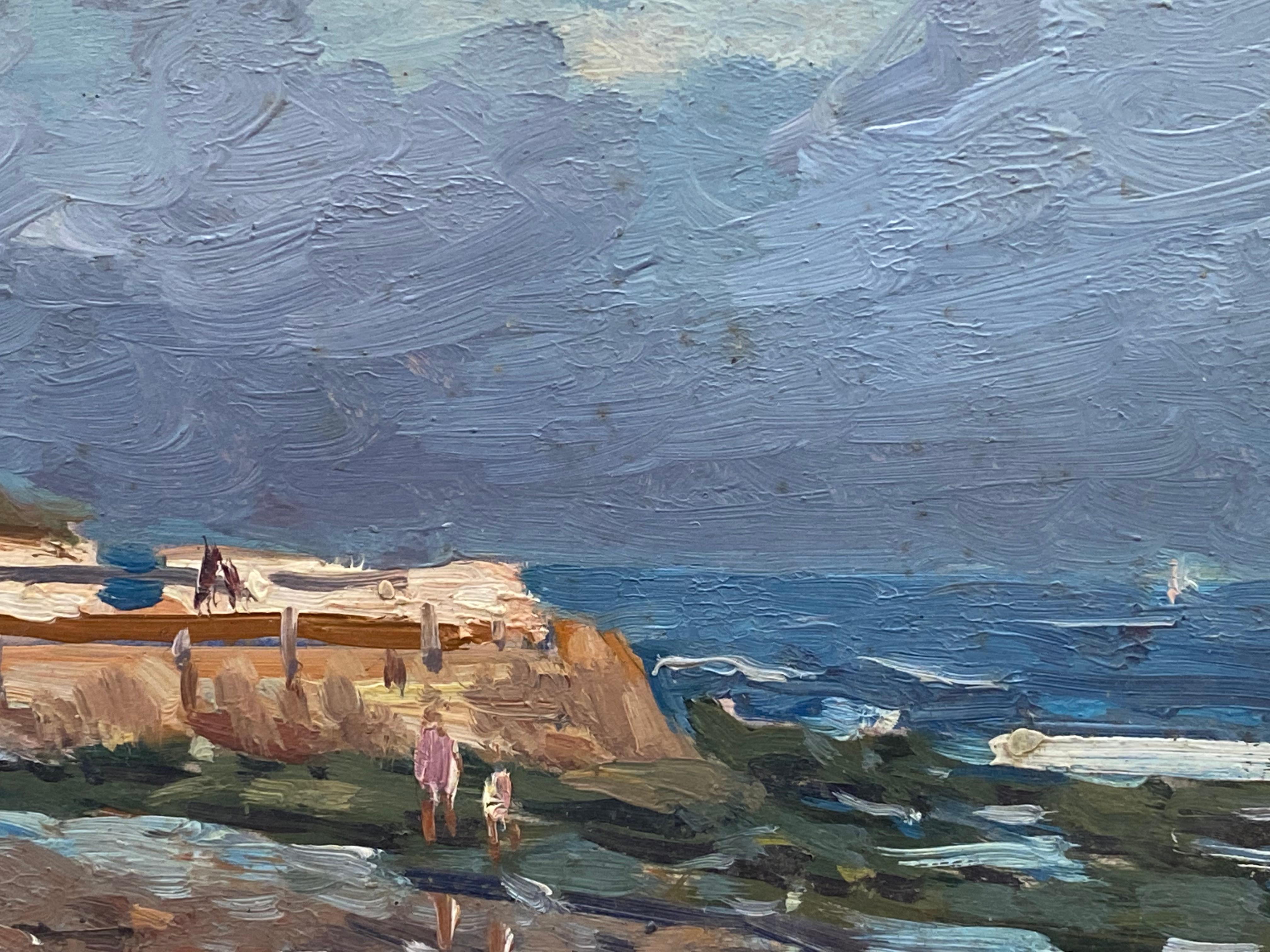 California Beach Scene by French Impressionist Artist -Signed Oil Coastal Scene - Gray Landscape Painting by Unknown
