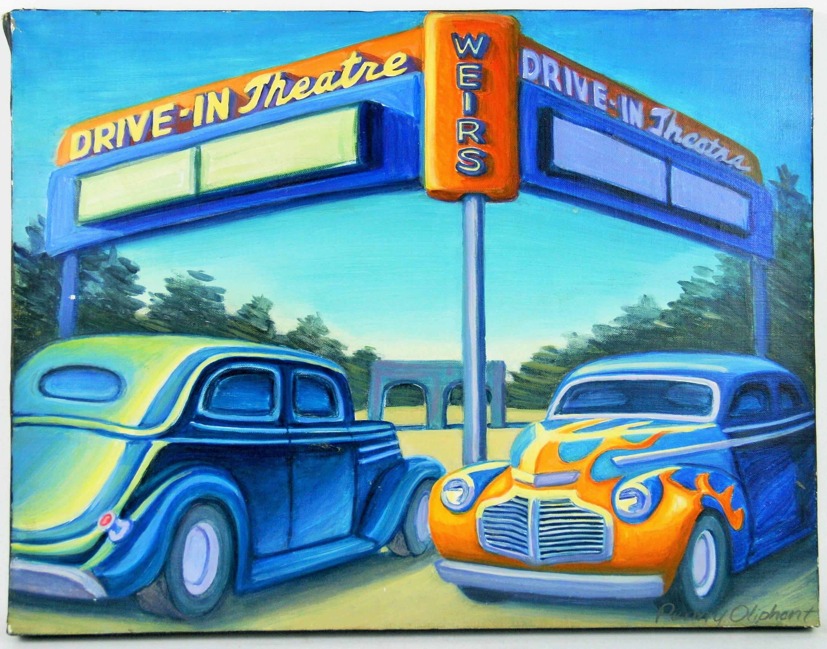 Unknown Abstract Painting - California Drive In City scape  Vintage Hot Rod  Cars