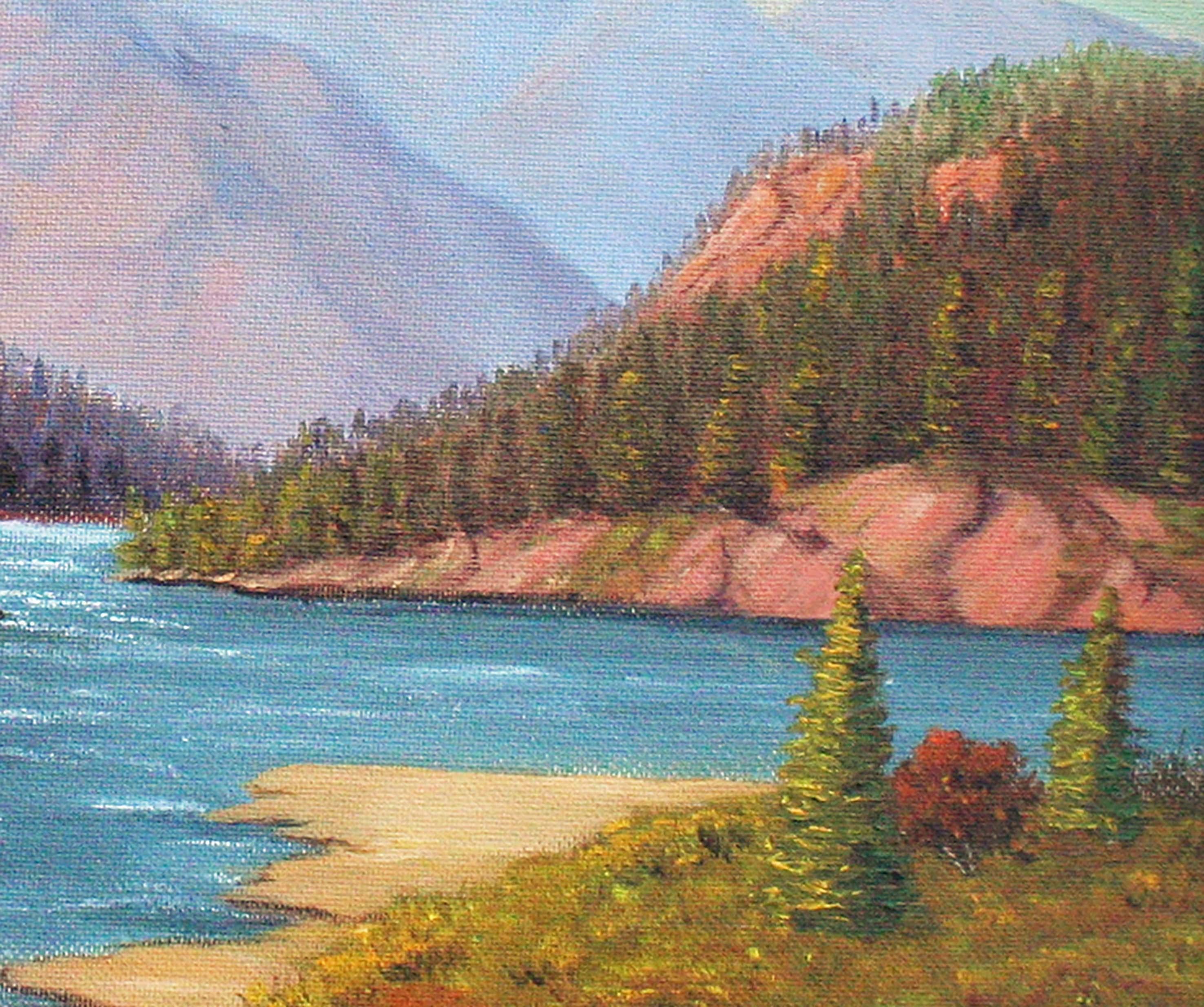 Paysage de montagne en bord de lac en Californie - Impressionnisme américain Painting par Unknown