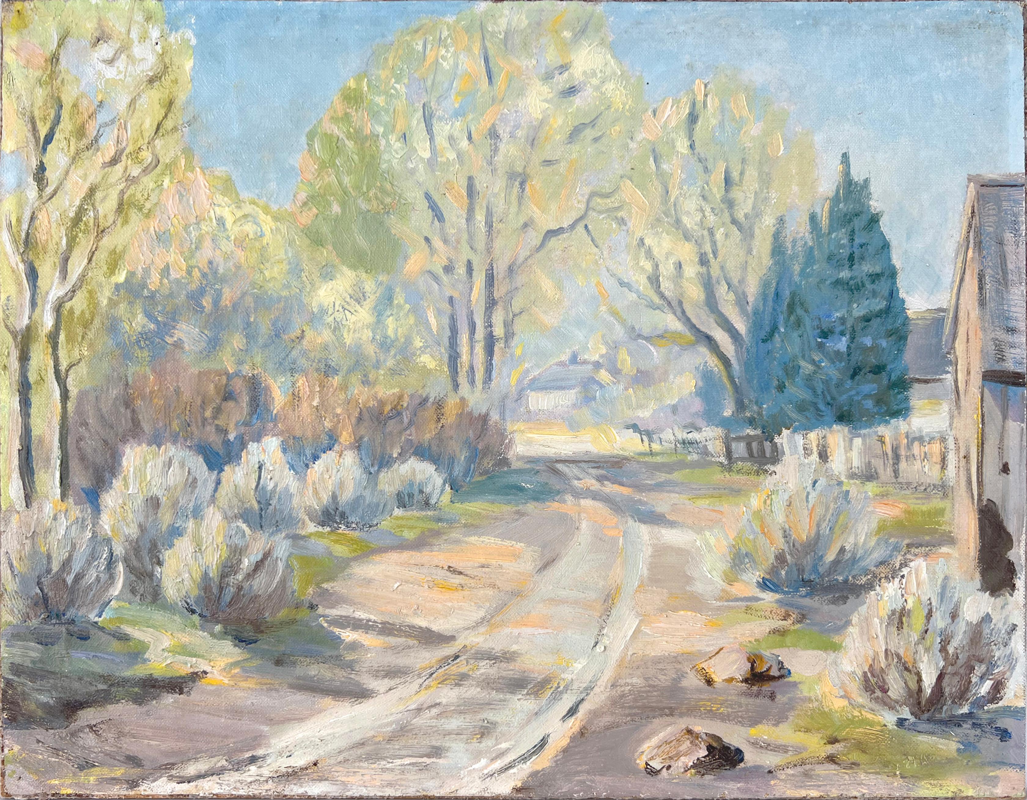 Unknown Landscape Painting - California School - Desert Ranch Road Landscape Oil on Canvas