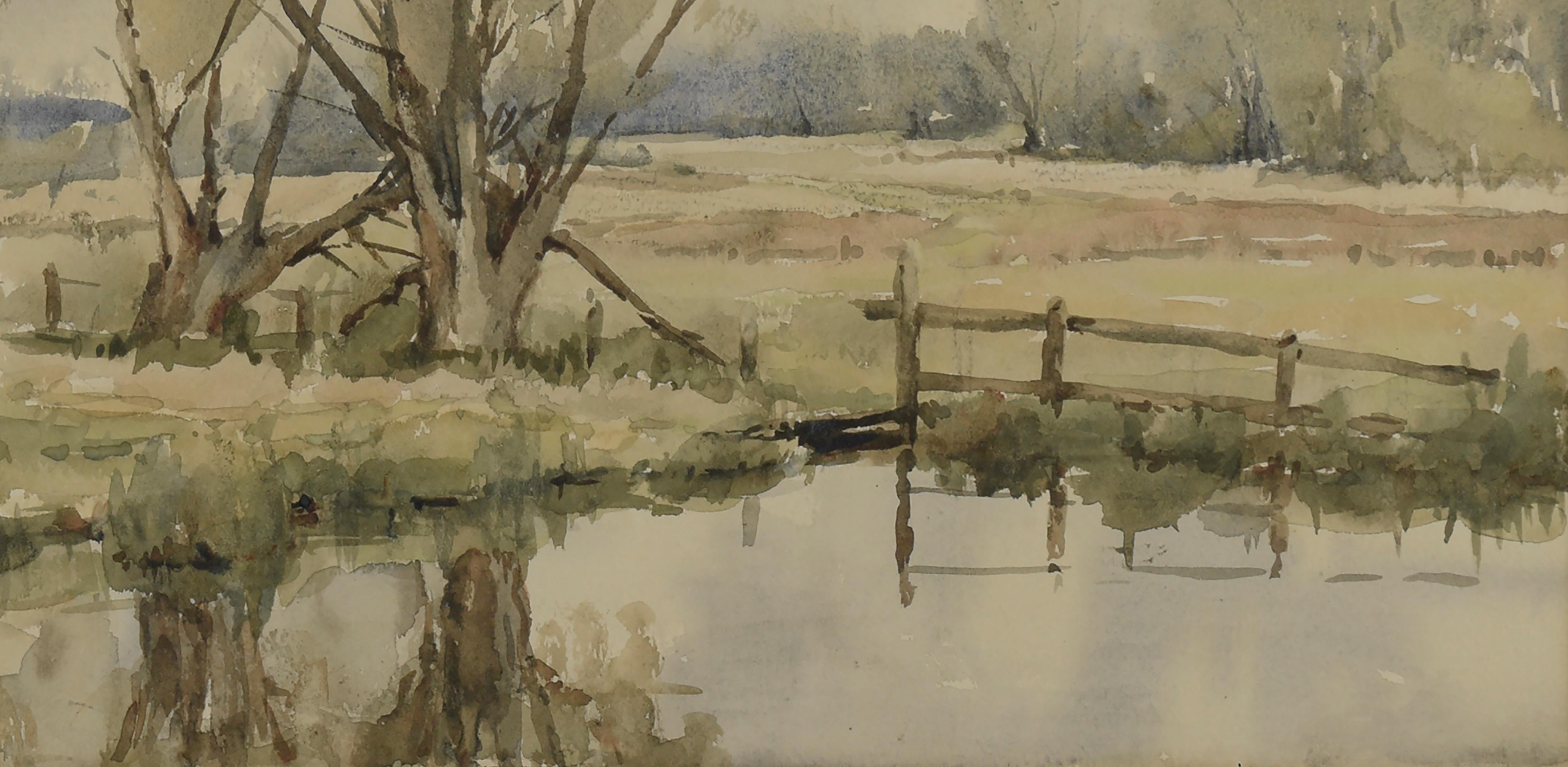 Paesaggi di laghetti umidi della California (fronte/retro) - Landscape Painting Marrone di Unknown