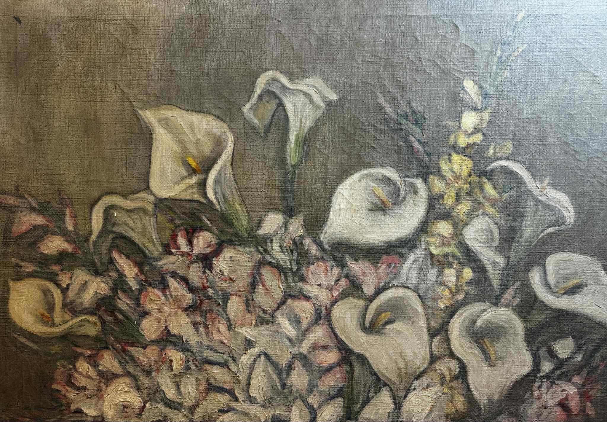 Impressive Calla Lilly still life, oil on canvas, no visible signature. Peridot Gallery NYC stamp on the stretcher. 40 x 37 canvas, 41.5